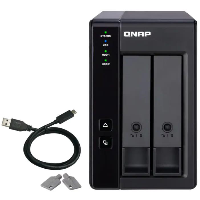 A large main feature product image of QNAP TR-002 2-Bay DAS with USB Type-C