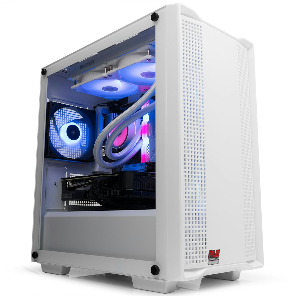 A large main feature product image of PLE RTX Neon RTX 4070 Super Prebuilt Ready To Go Gaming PC
