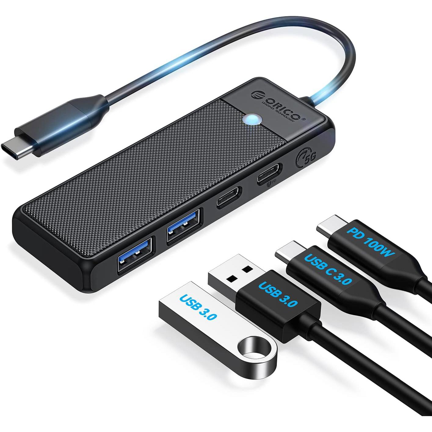 A large main feature product image of ORICO 4-Port USB 3.0 Type-C Hub with 100W PD