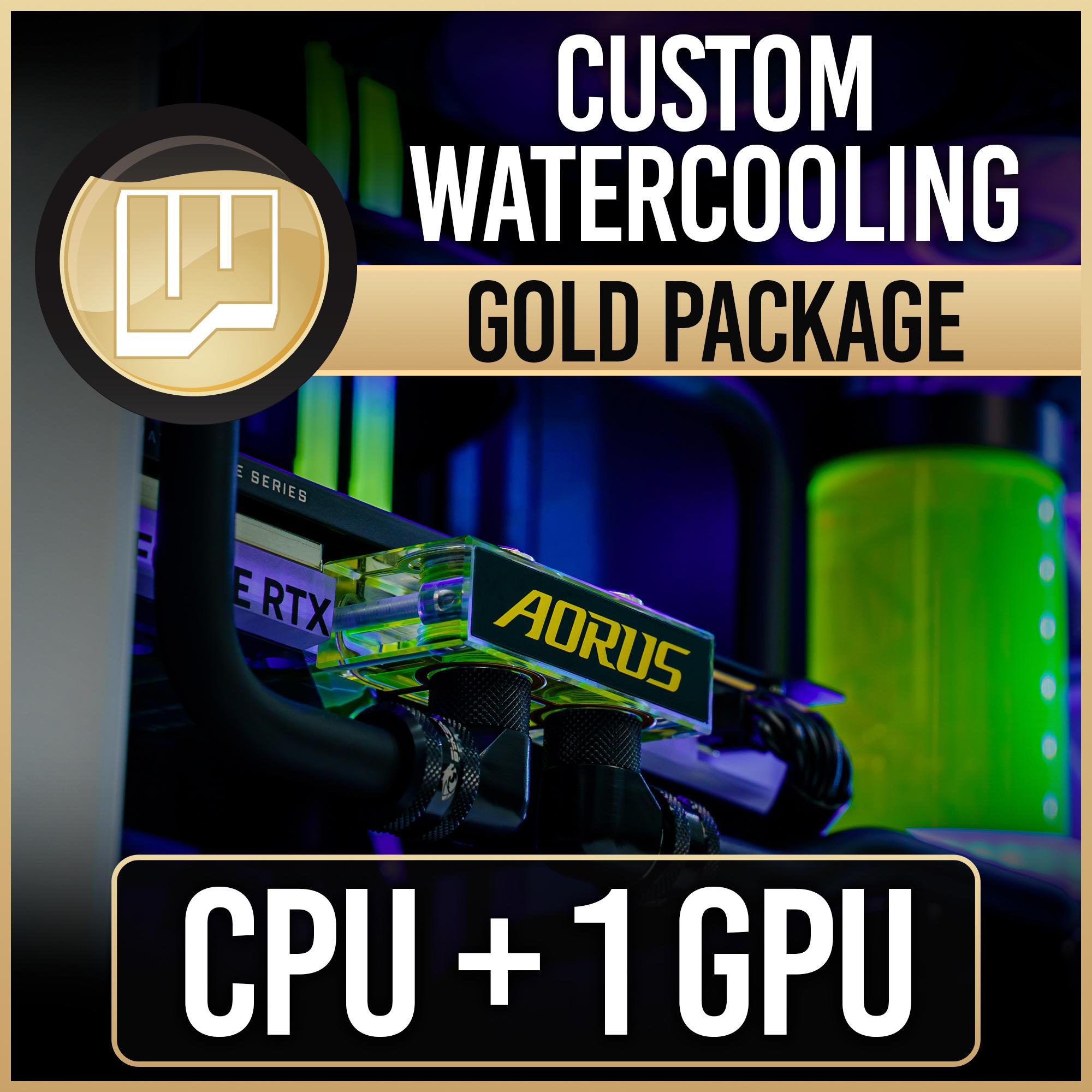 A large main feature product image of PLE Custom Watercooling CPU + 1 GPU Gold Package