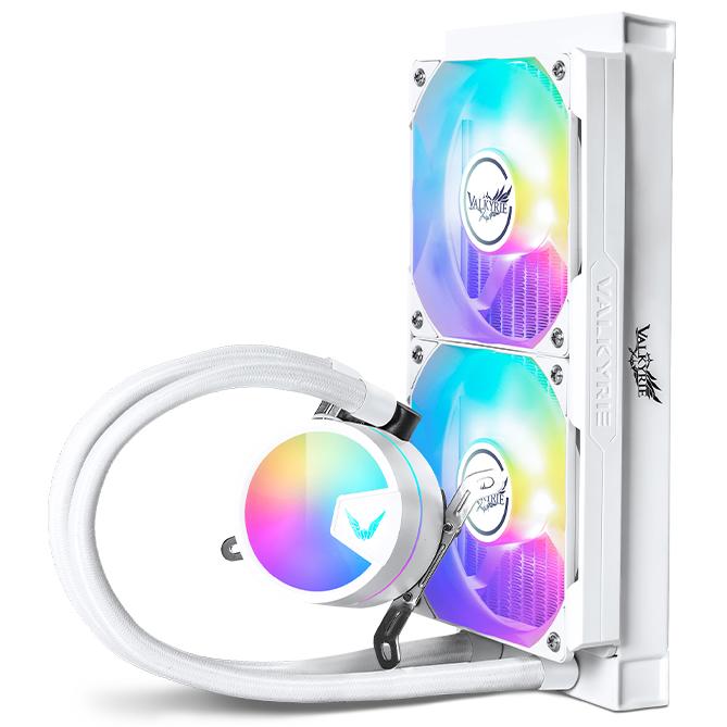A large main feature product image of Valkyrie A240 ARGB - 240mm AIO CPU Liquid Cooler (White)
