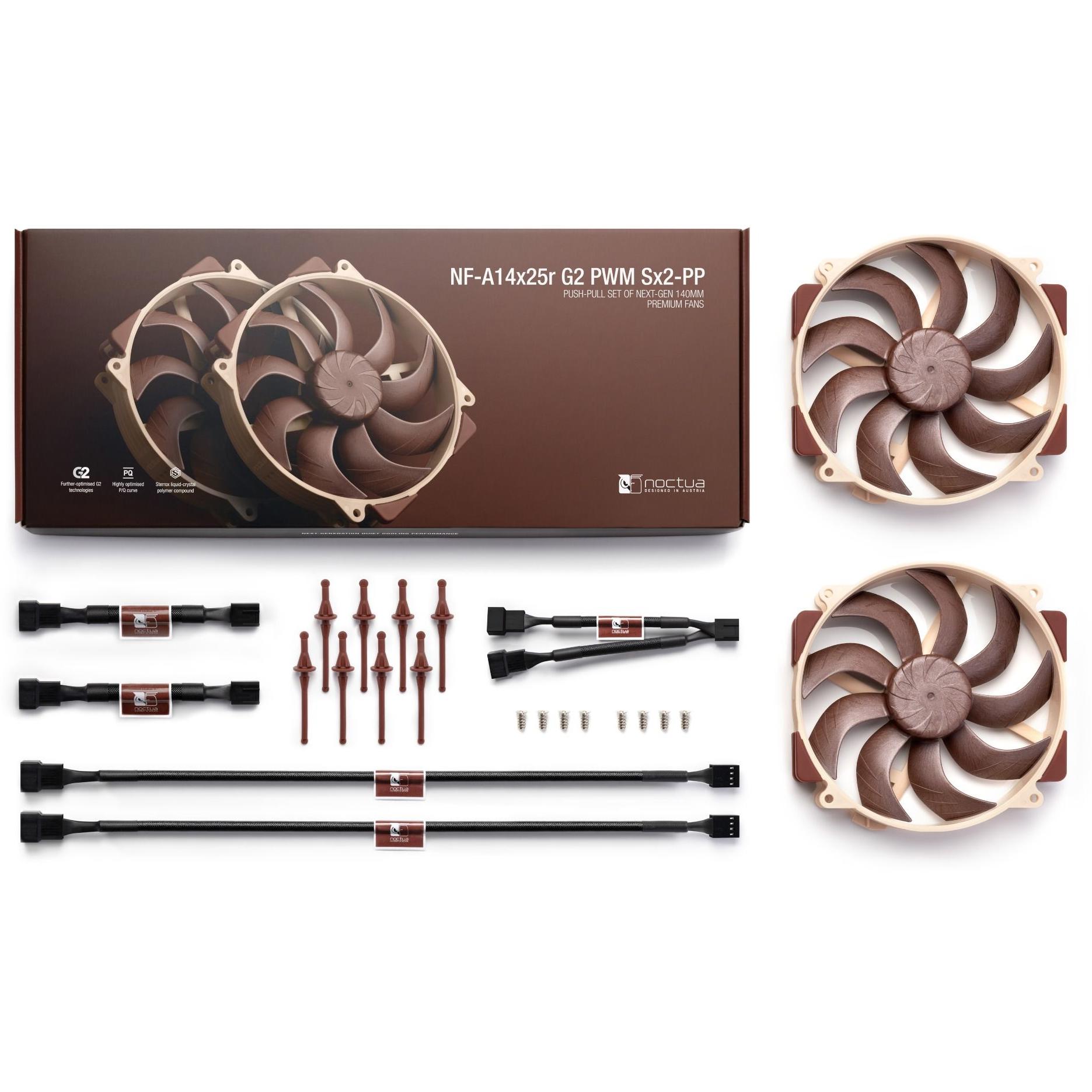 A large main feature product image of Noctua NF-A14x25r G2 PWM Sx2-PP - 140mm x 25mm 1500RPM LCP Cooling Fan Set (2 Pack)