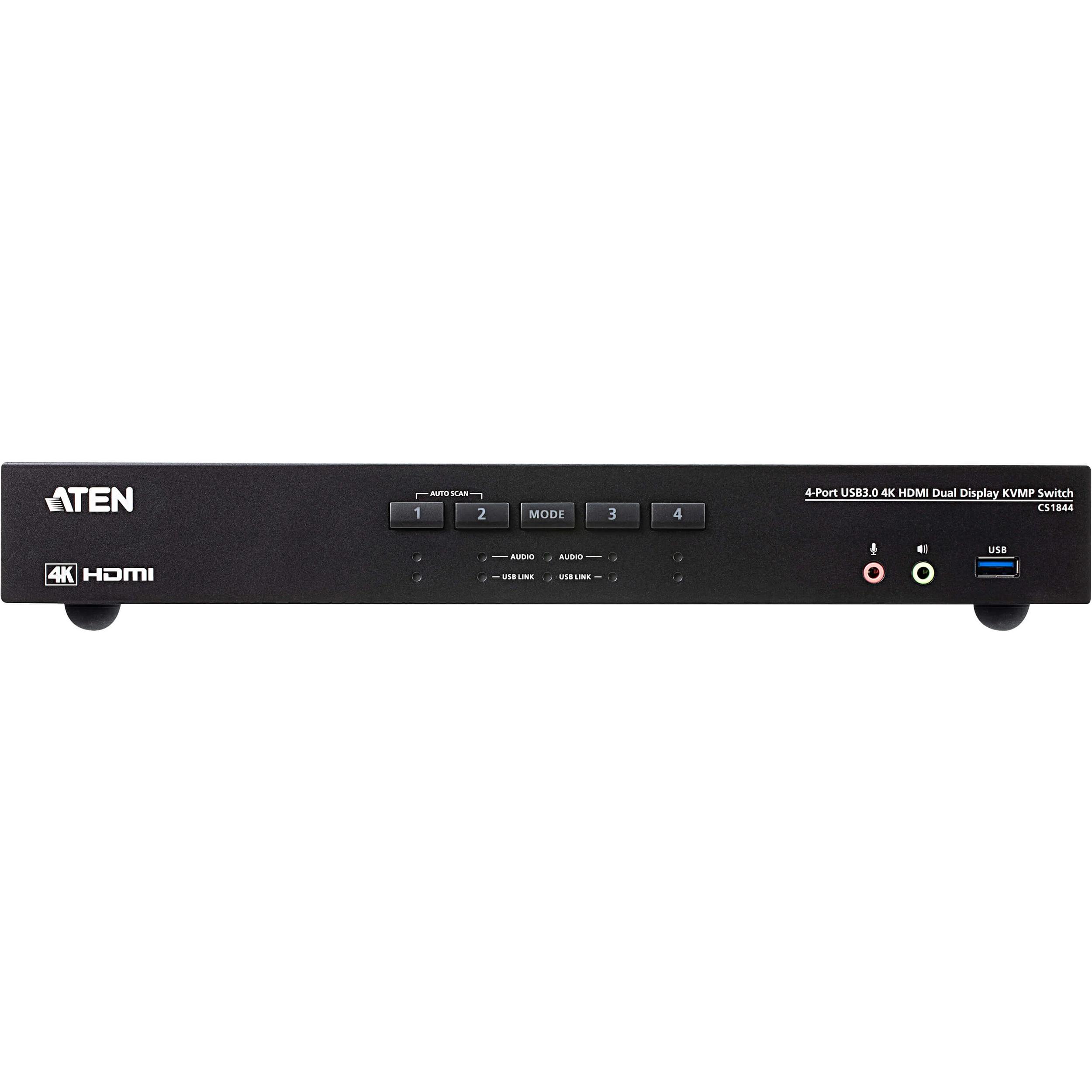 A large main feature product image of ATEN Desktop 4-Port USB 3.0 4K HDMI Dual Display KVMP Switch