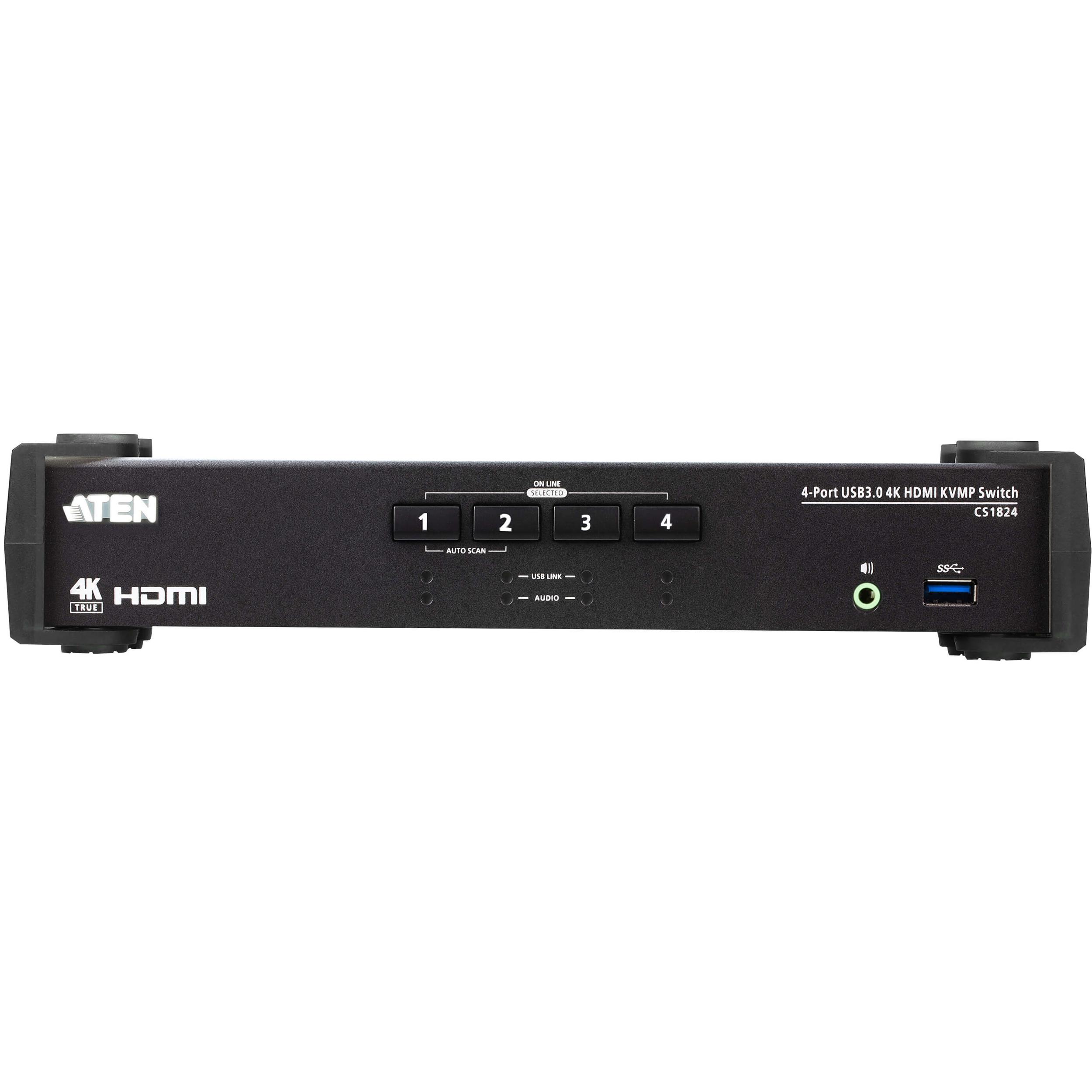 A large main feature product image of ATEN Desktop 4-Port USB 3.0 4K HDMI KVMP Switch with Audio Mixer Mode 