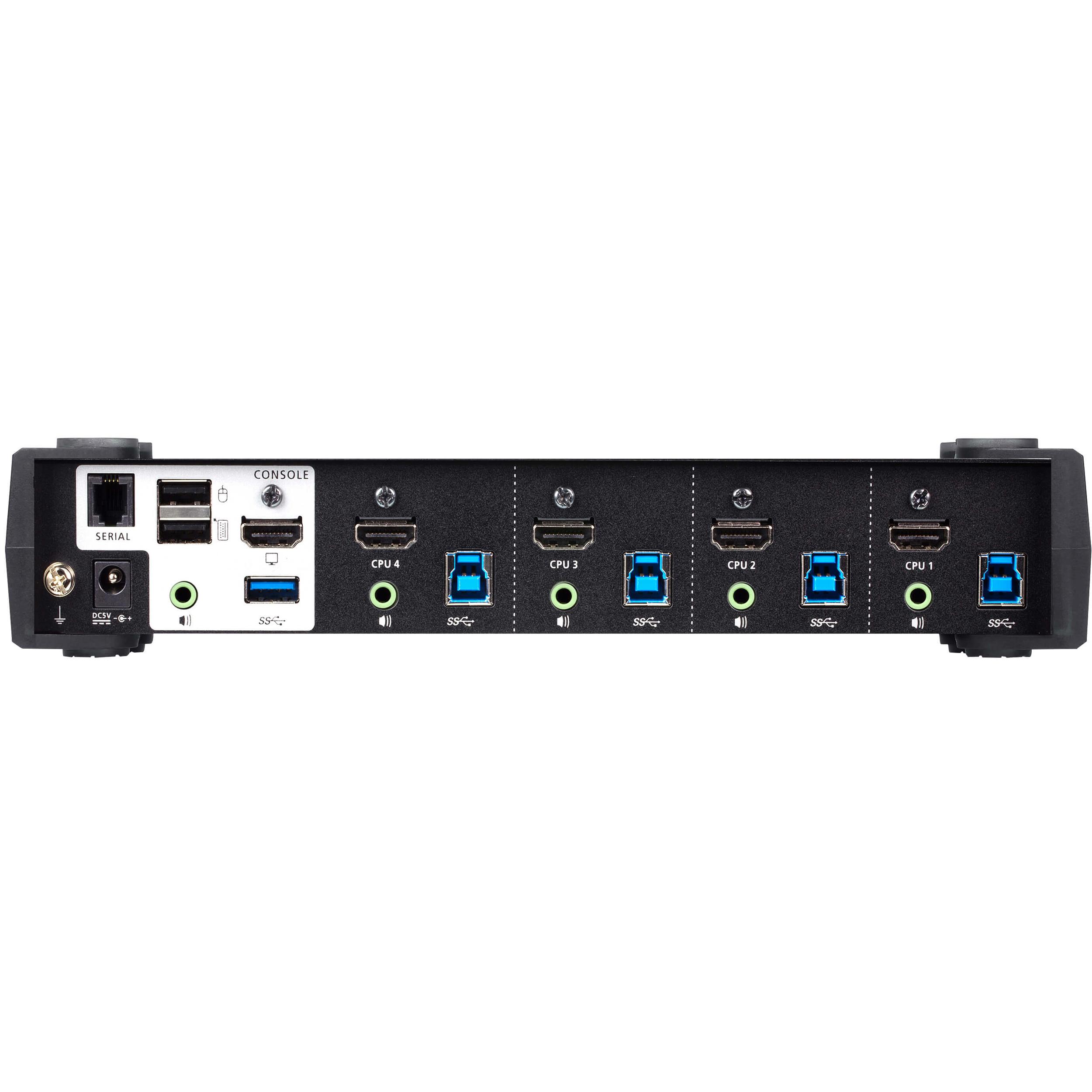 A large main feature product image of ATEN Desktop 4-Port USB 3.0 4K HDMI KVMP Switch with Audio Mixer Mode 
