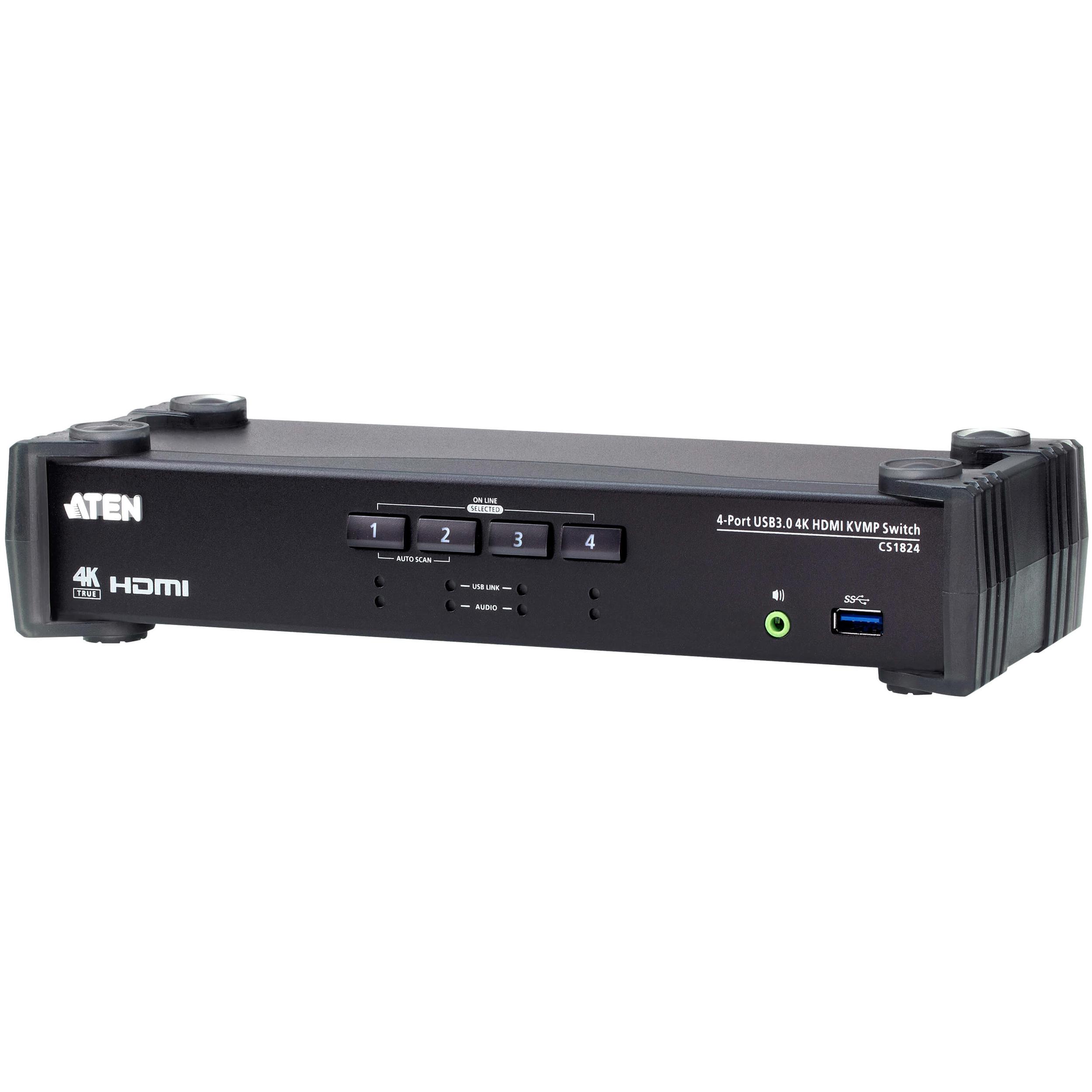 A large main feature product image of ATEN Desktop 4-Port USB 3.0 4K HDMI KVMP Switch with Audio Mixer Mode 