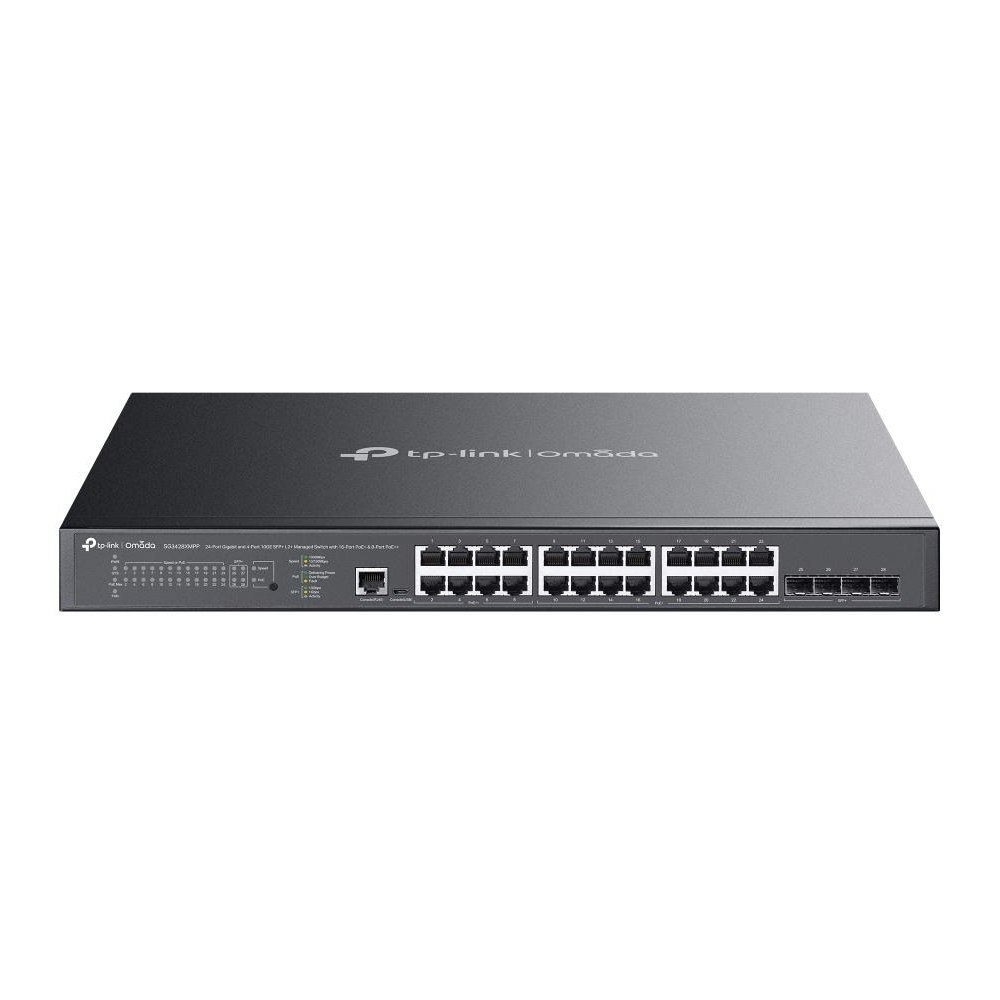 A large main feature product image of TP-Link Omada SG3428XMPP - 24-Port Gigabit and 4-Port 10GE SFP+ L2+ Managed Switch with 16-Port PoE+ & 8-Port PoE++
