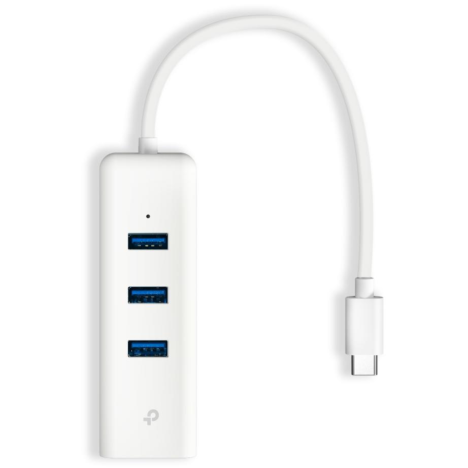 A large main feature product image of TP-Link UE330C - USB Type-C 3-Port Hub & Gigabit Ethernet Adapter