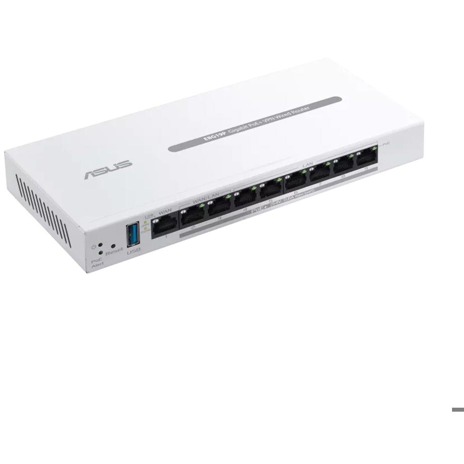 A large main feature product image of ASUS ExpertWiFi EBG19P Gigabit PoE+ VPN Wired Router