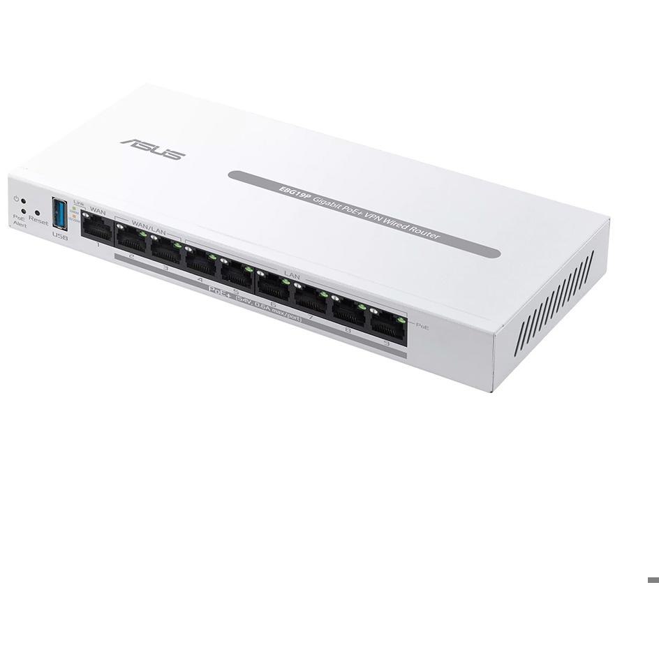 A large main feature product image of ASUS ExpertWiFi EBG19P Gigabit PoE+ VPN Wired Router