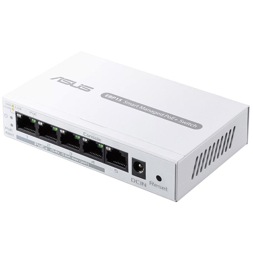 A large main feature product image of ASUS ExpertWiFi EBP15 Smart Managed 5 Port Gigabit PoE+ Switch
