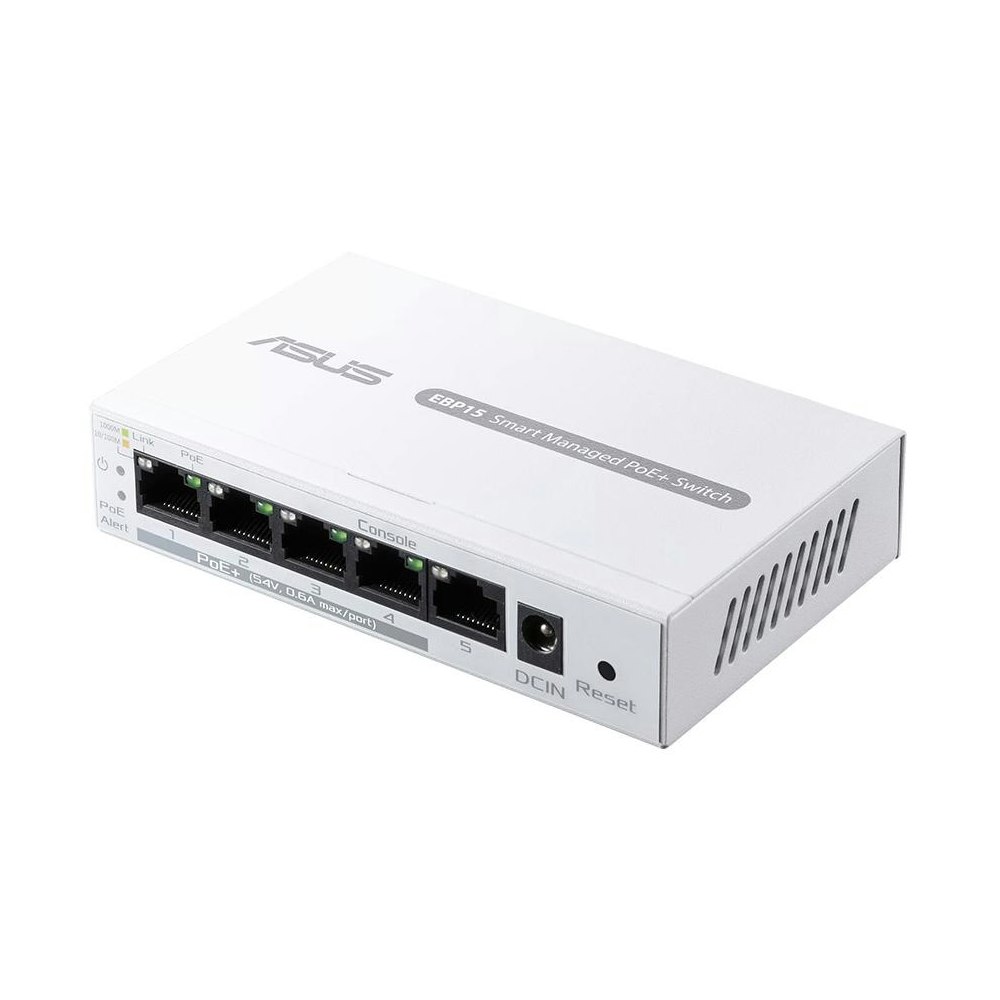 A large main feature product image of ASUS ExpertWiFi EBP15 Smart Managed 5 Port Gigabit PoE+ Switch