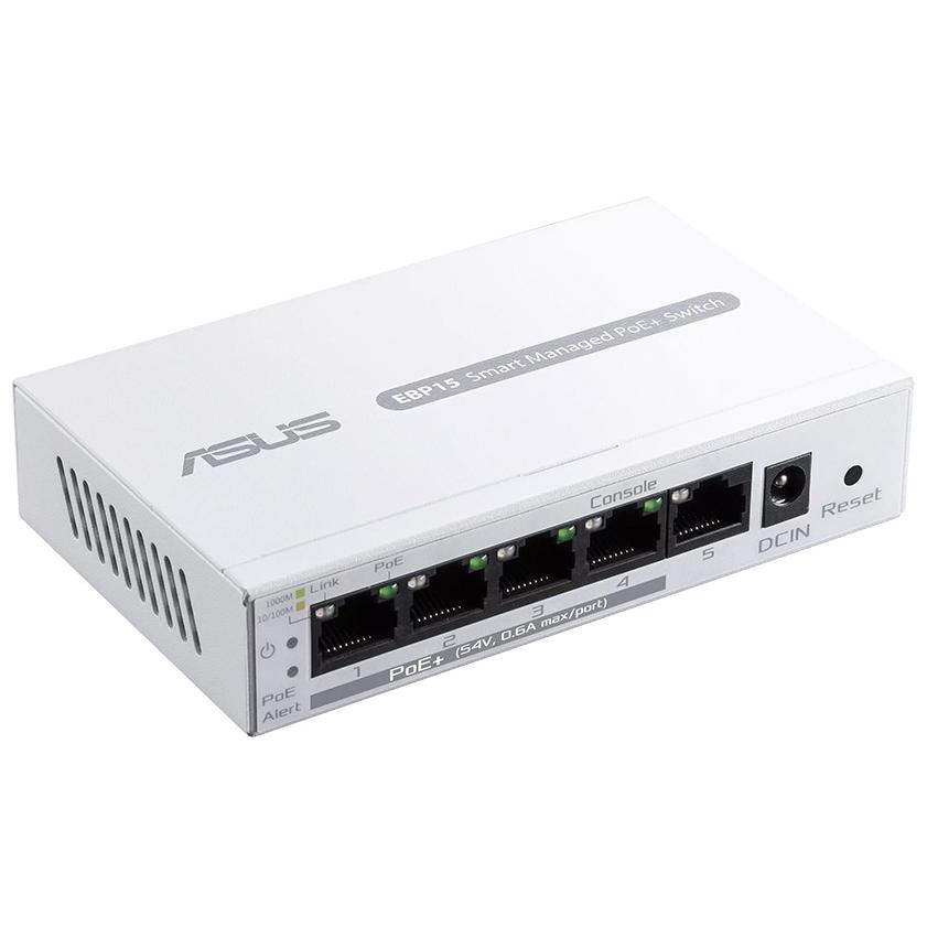 A large main feature product image of ASUS ExpertWiFi EBP15 Smart Managed 5 Port Gigabit PoE+ Switch