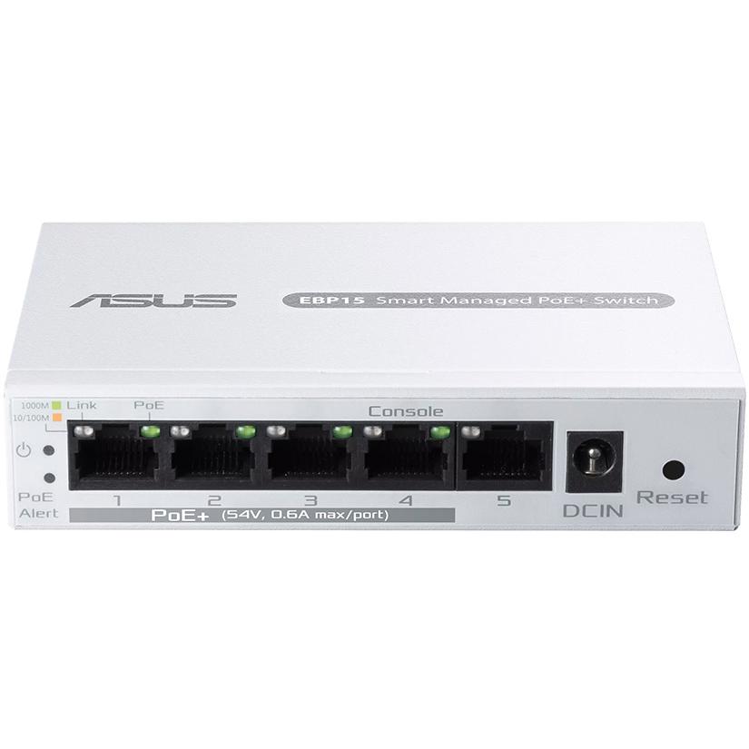 A large main feature product image of ASUS ExpertWiFi EBP15 Smart Managed 5 Port Gigabit PoE+ Switch