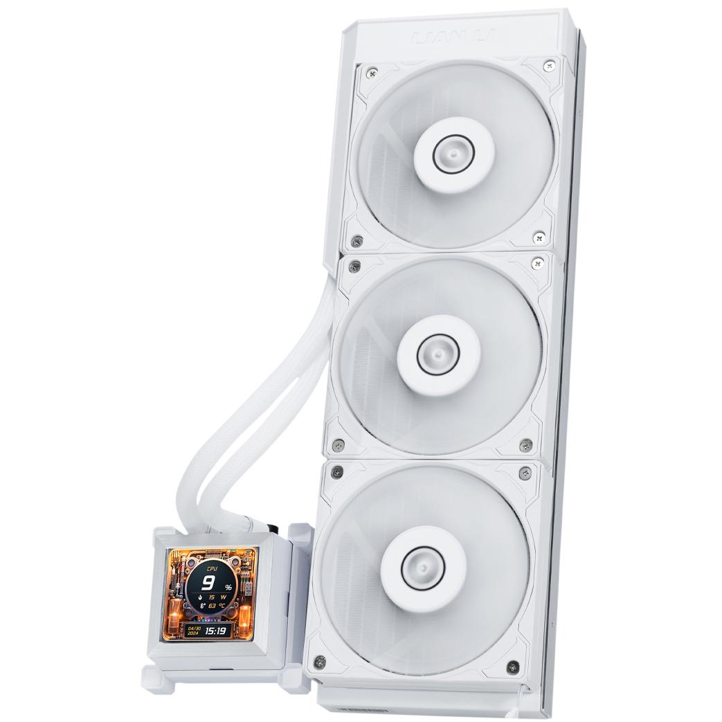 A large main feature product image of Lian Li HydroShift LCD 360S - 360mm AIO Liquid CPU Cooler (White)