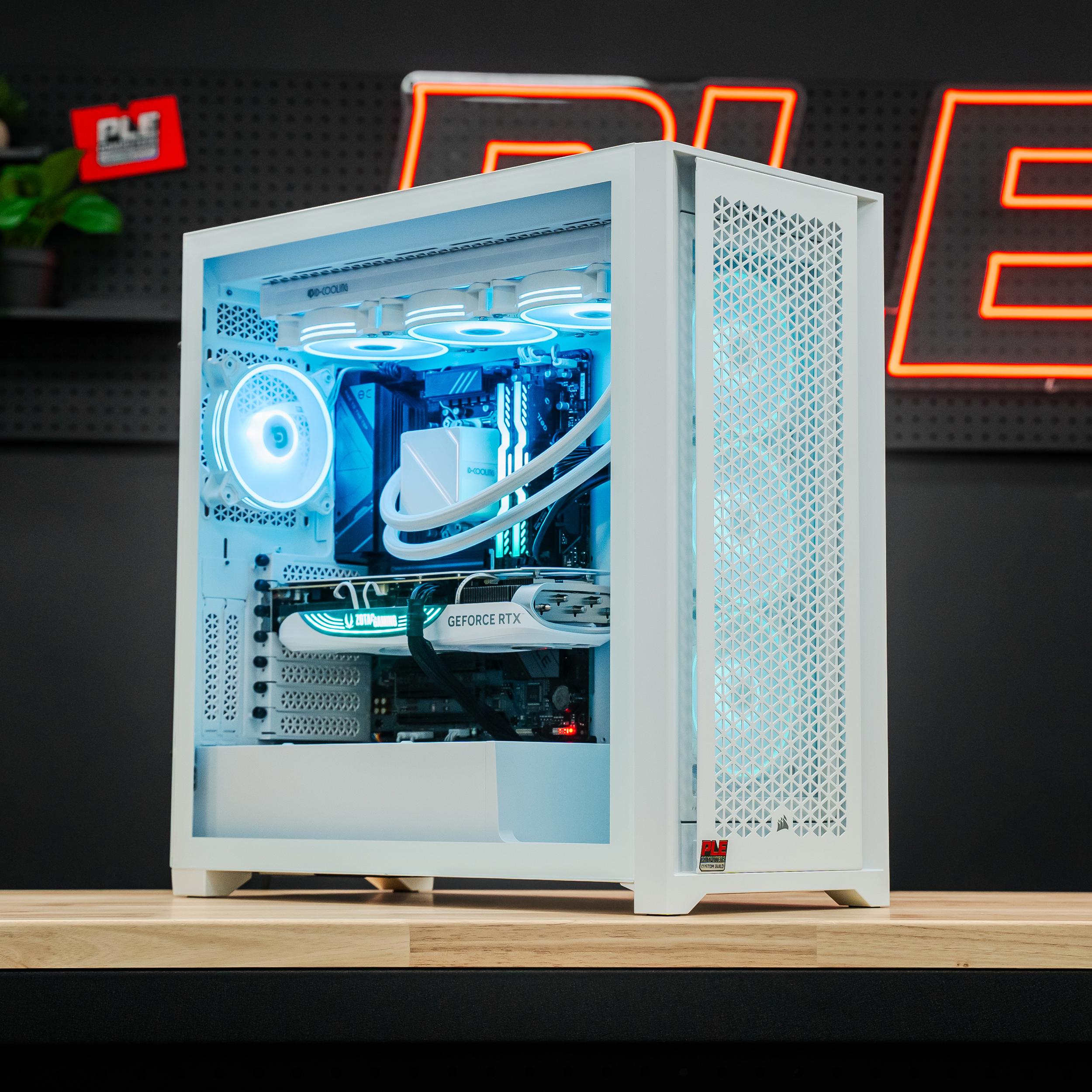 A large main feature product image of PLE Mist 4080 Super Prebuilt Ready To Go Gaming PC