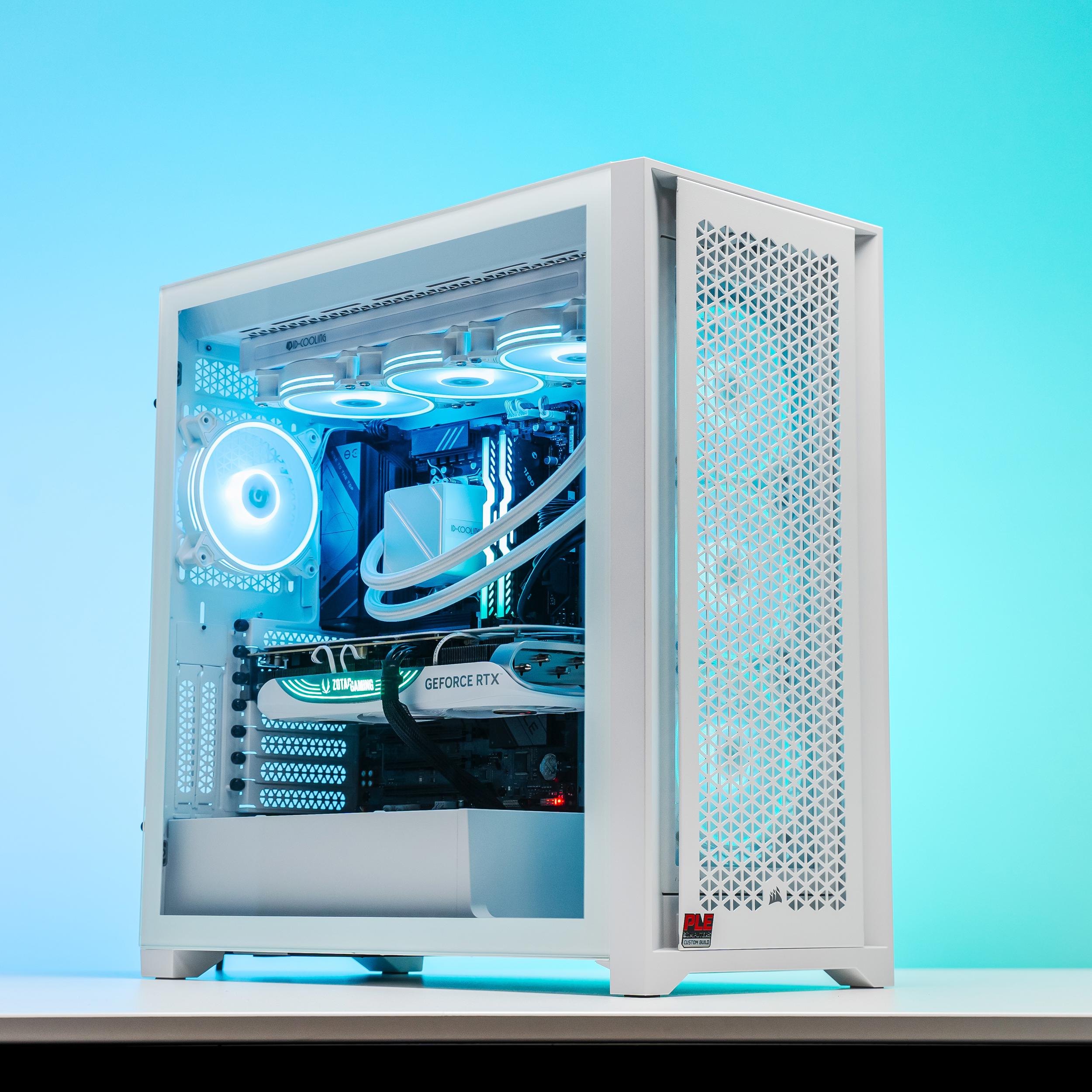 A large main feature product image of PLE Mist 4080 Super Prebuilt Ready To Go Gaming PC