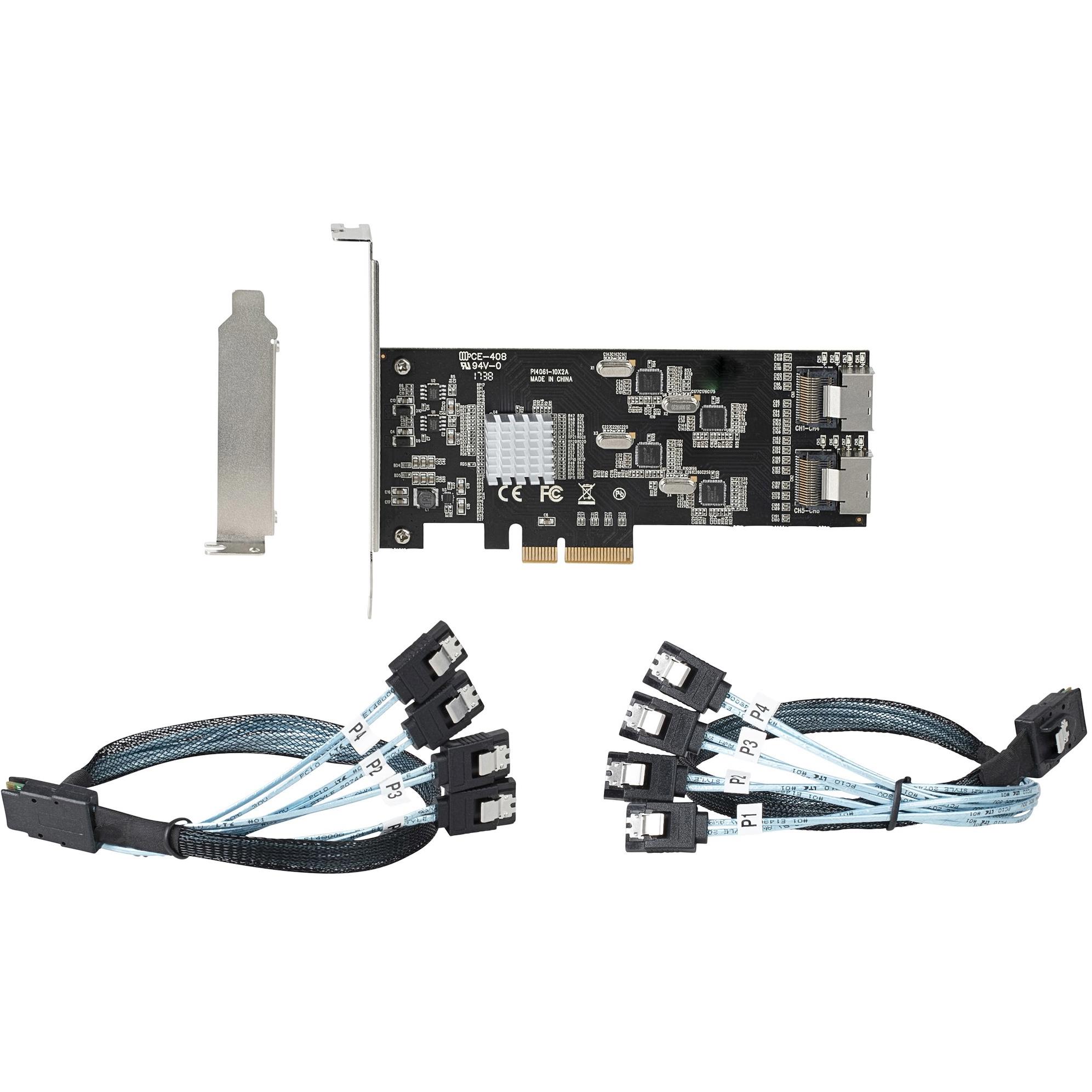 A large main feature product image of StarTech 8-Port 6Gbps SATA Controller PCIe Expansion Card