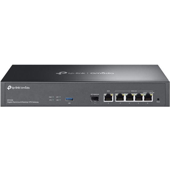A large main feature product image of TP-Link ER7406 Omada Gigabit Rackmount/Desktop VPN Gateway
