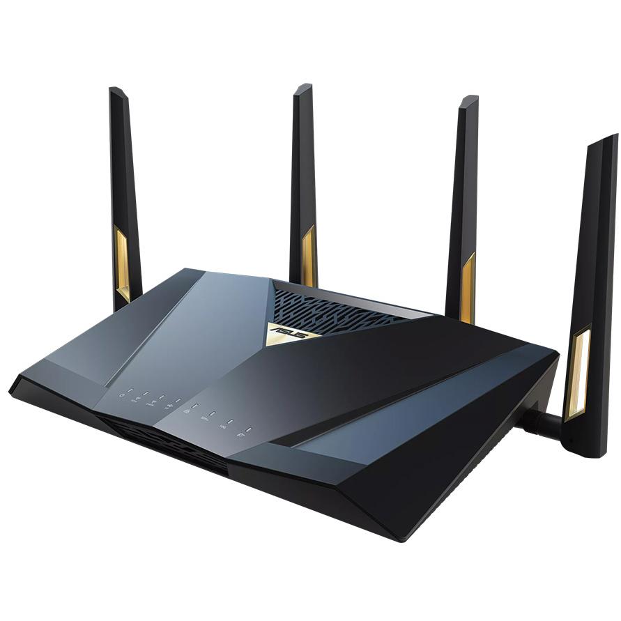 A large main feature product image of ASUS RT-BE88U Dual-Band Wi-Fi 7 Ai Mesh Router