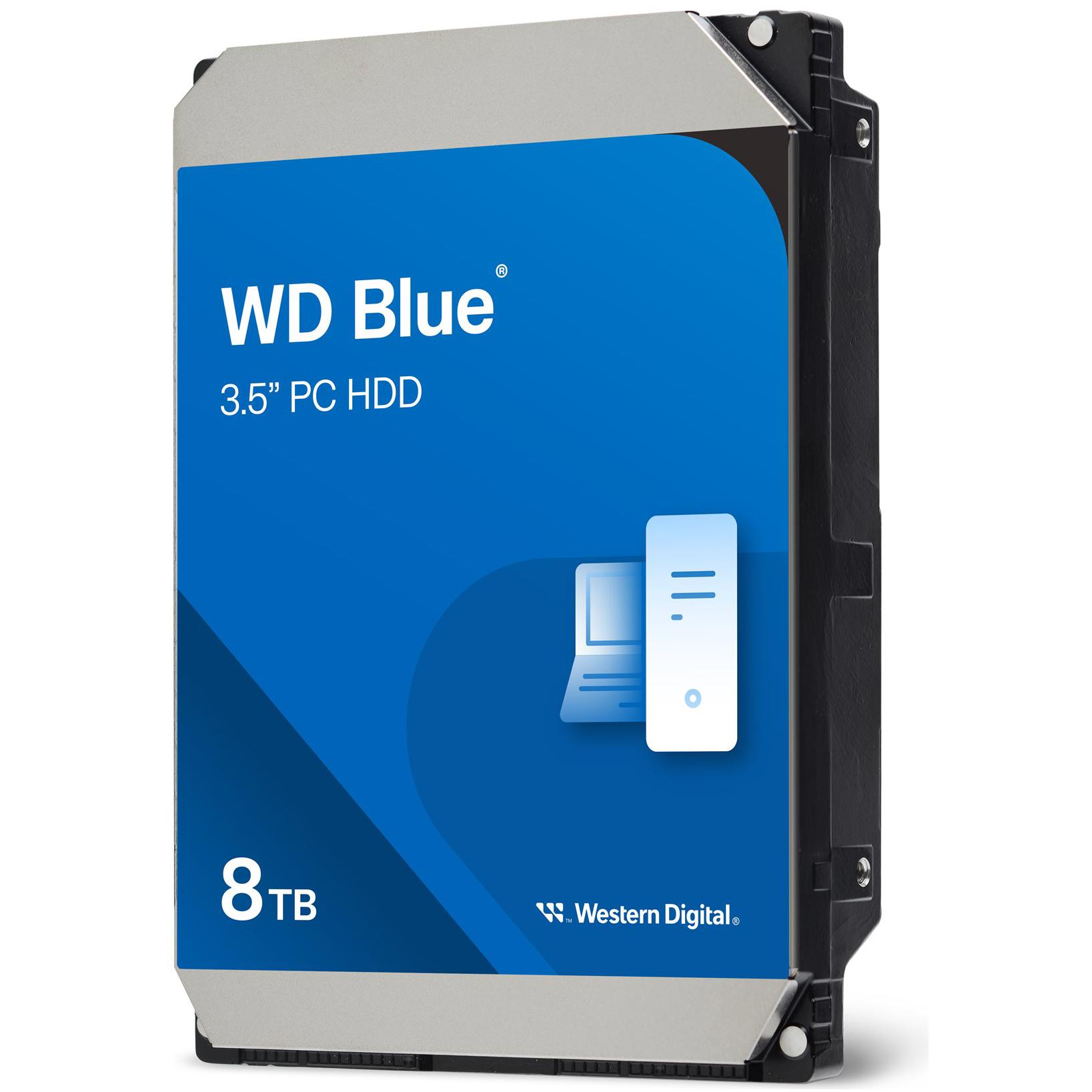 A large main feature product image of WD Blue 3.5" Desktop HDD - 8TB 256MB