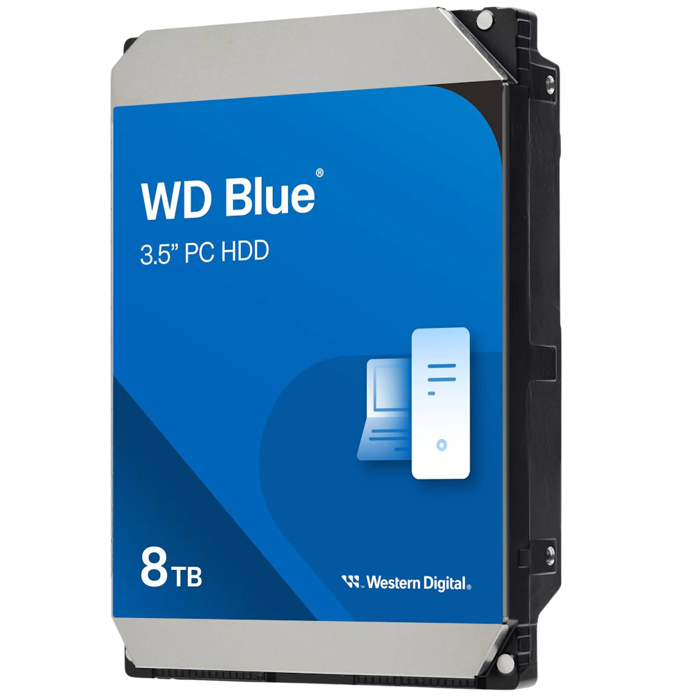 A large main feature product image of WD Blue 3.5" Desktop HDD - 8TB 256MB