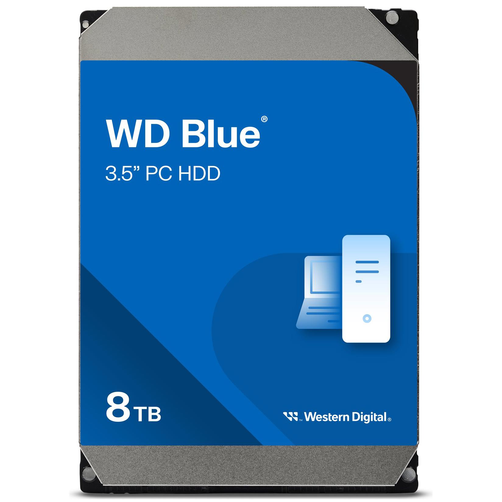 A large main feature product image of WD Blue 3.5" Desktop HDD - 8TB 256MB