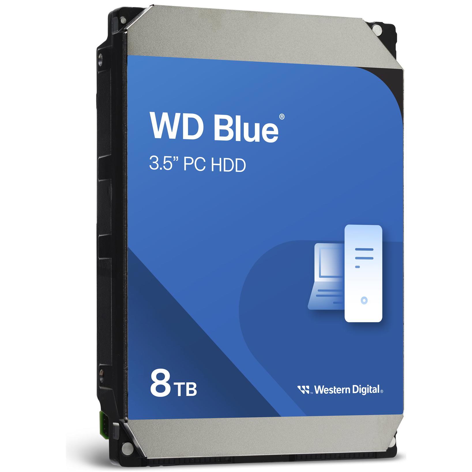 A large main feature product image of WD Blue 3.5" Desktop HDD - 8TB 256MB