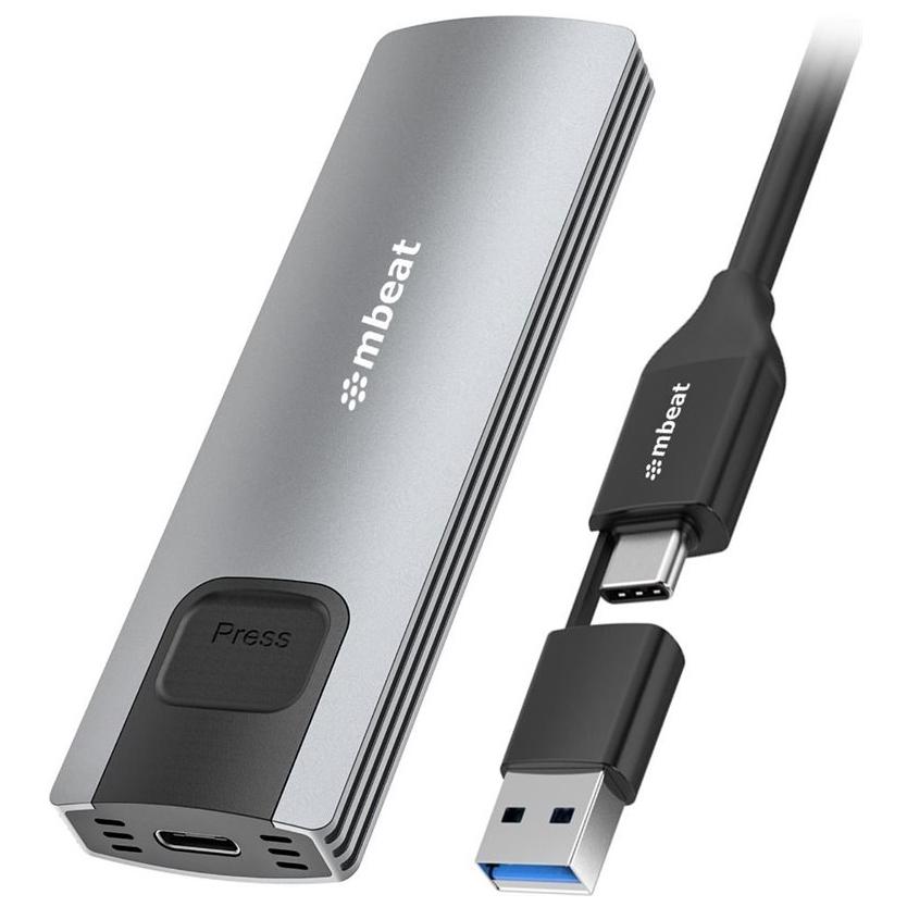 A large main feature product image of mBeat 10Gbps M.2 NVMe SATA and SSD Enclosure - Grey