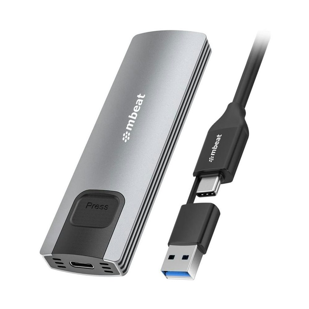A large main feature product image of mBeat 10Gbps M.2 NVMe SATA and SSD Enclosure - Grey