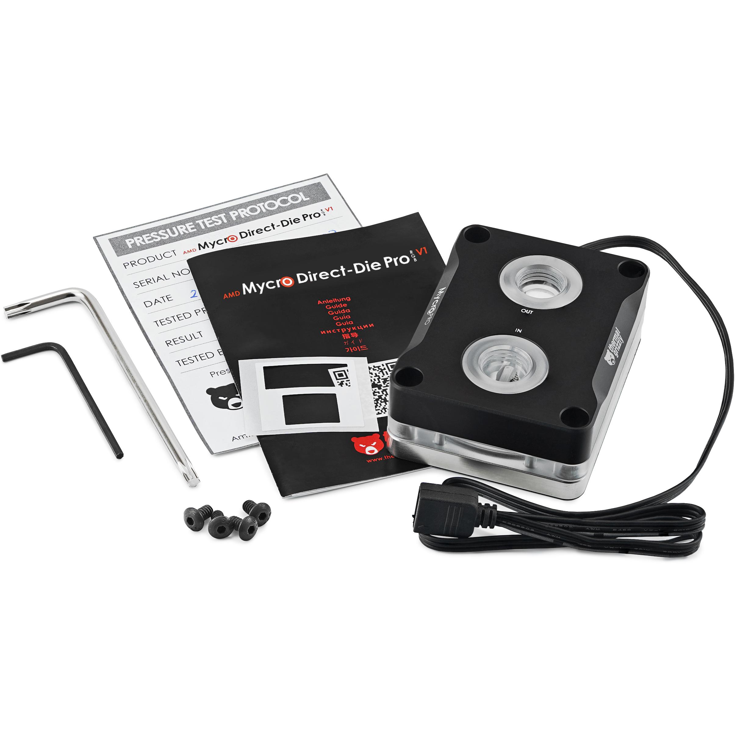 A large main feature product image of Thermal Grizzly Mycro Direct Die Pro RGB - CPU Water Block for AMD AM5