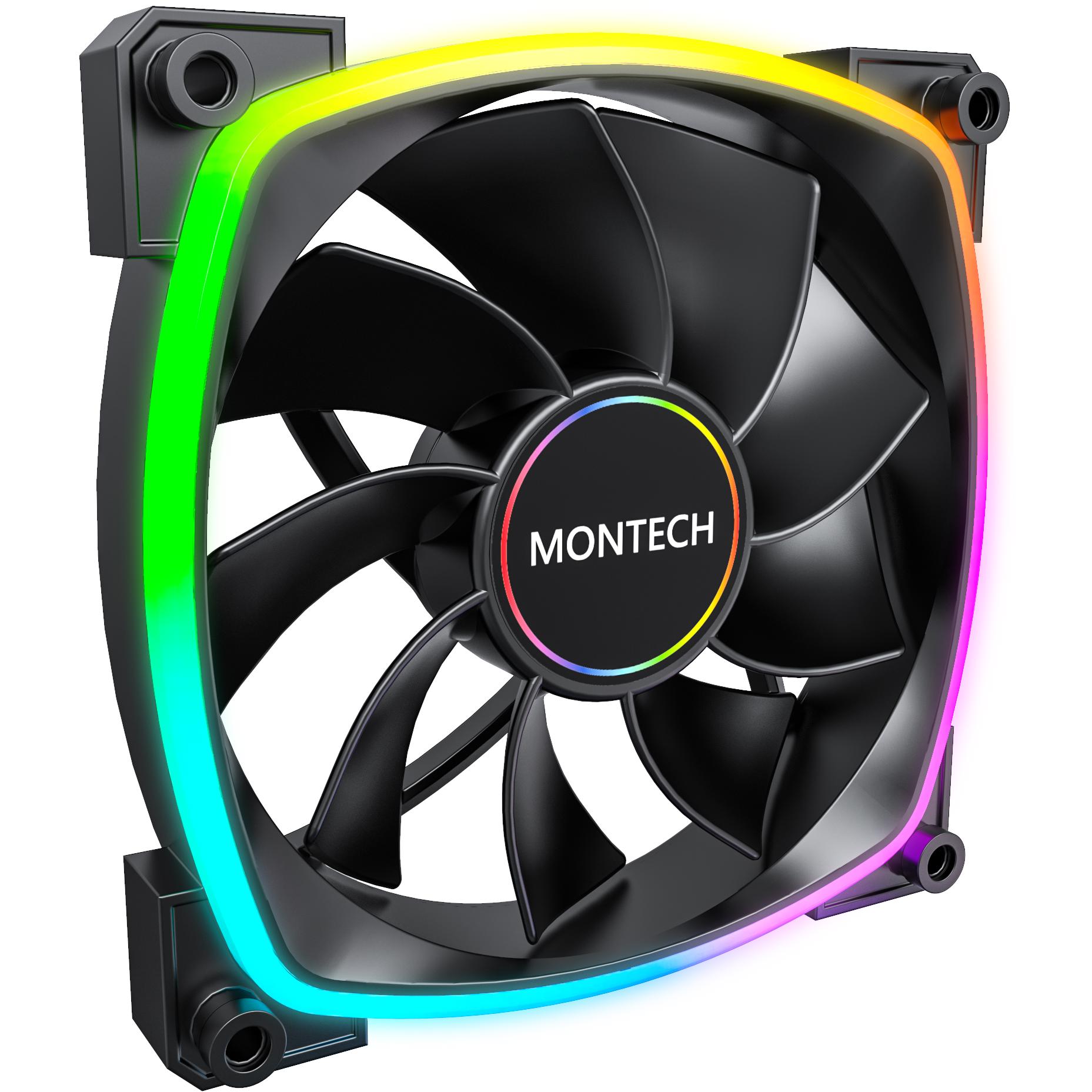 A large main feature product image of Montech RX120 ARGB 120mm PWM Reverse Blade Fan 3-Pack (Black)