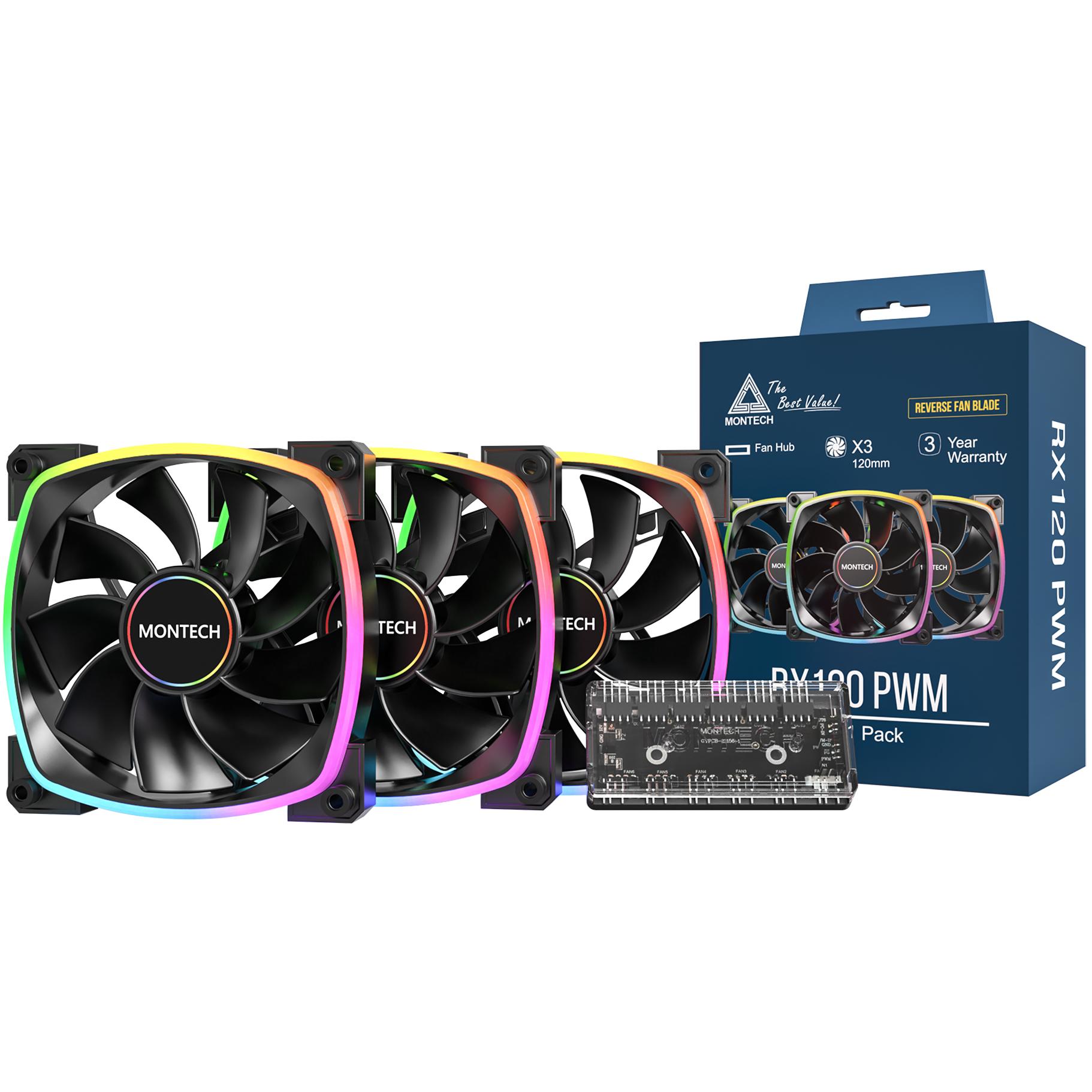 A large main feature product image of Montech RX120 ARGB 120mm PWM Reverse Blade Fan 3-Pack (Black)