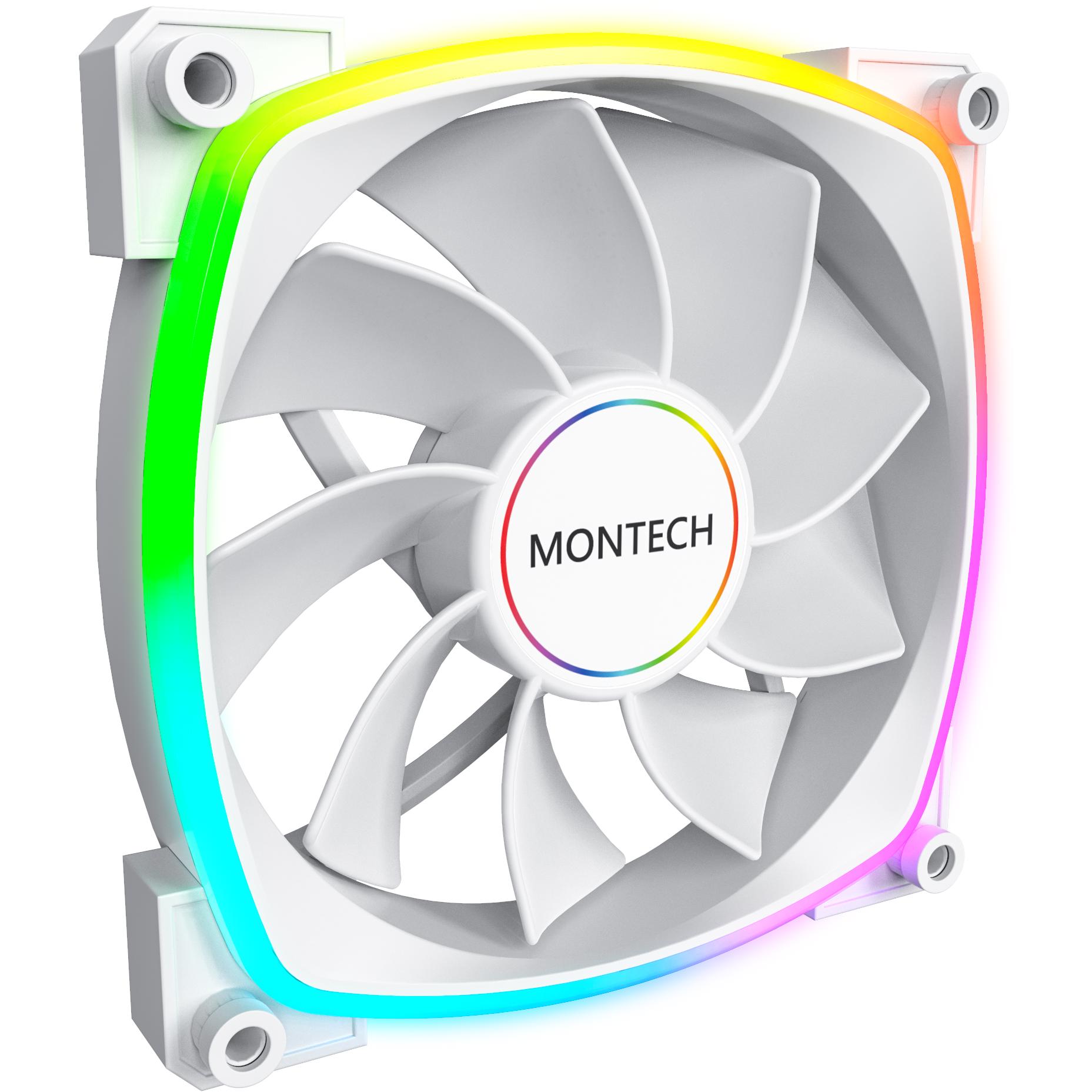 A large main feature product image of Montech RX120 ARGB 120mm PWM Reverse Blade Fan 3-Pack (White)