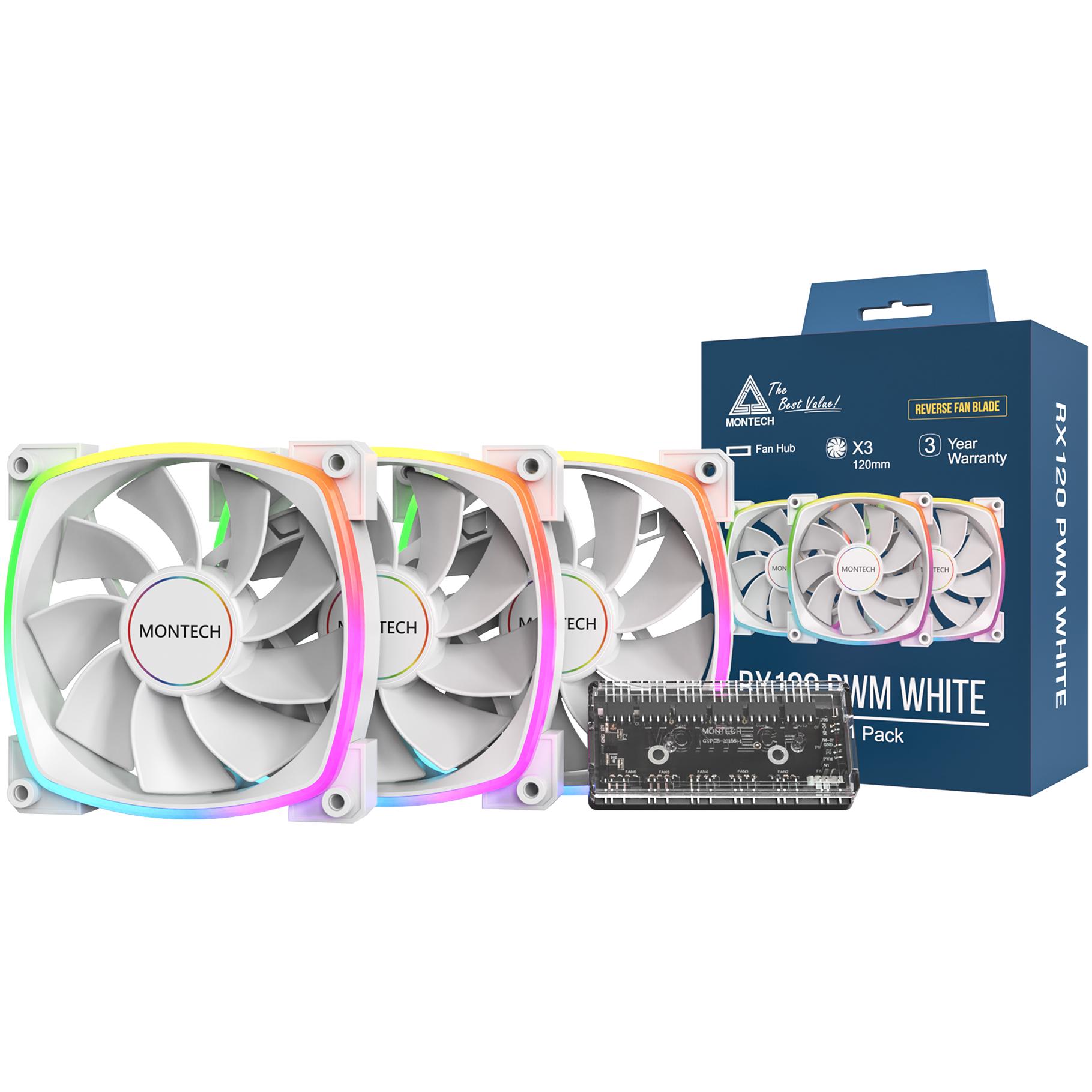 A large main feature product image of Montech RX120 ARGB 120mm PWM Reverse Blade Fan 3-Pack (White)