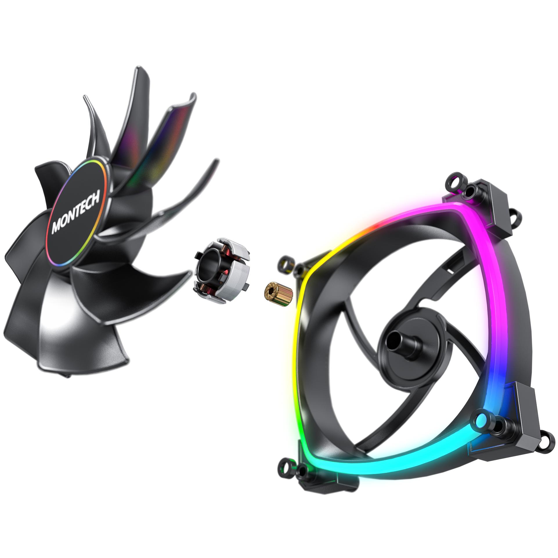 A large main feature product image of Montech RX120 ARGB 120mm PWM Reverse Blade Fan (Black)