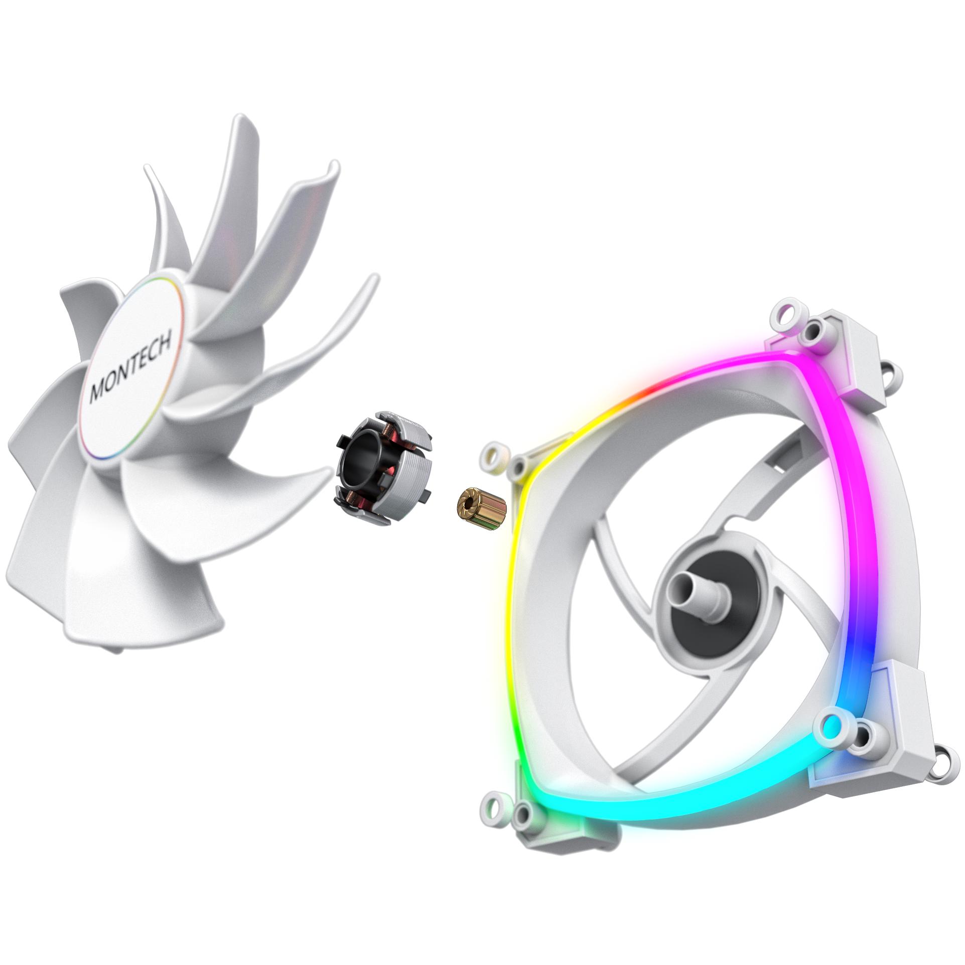 A large main feature product image of Montech RX120 ARGB 120mm PWM Reverse Blade Fan (White)