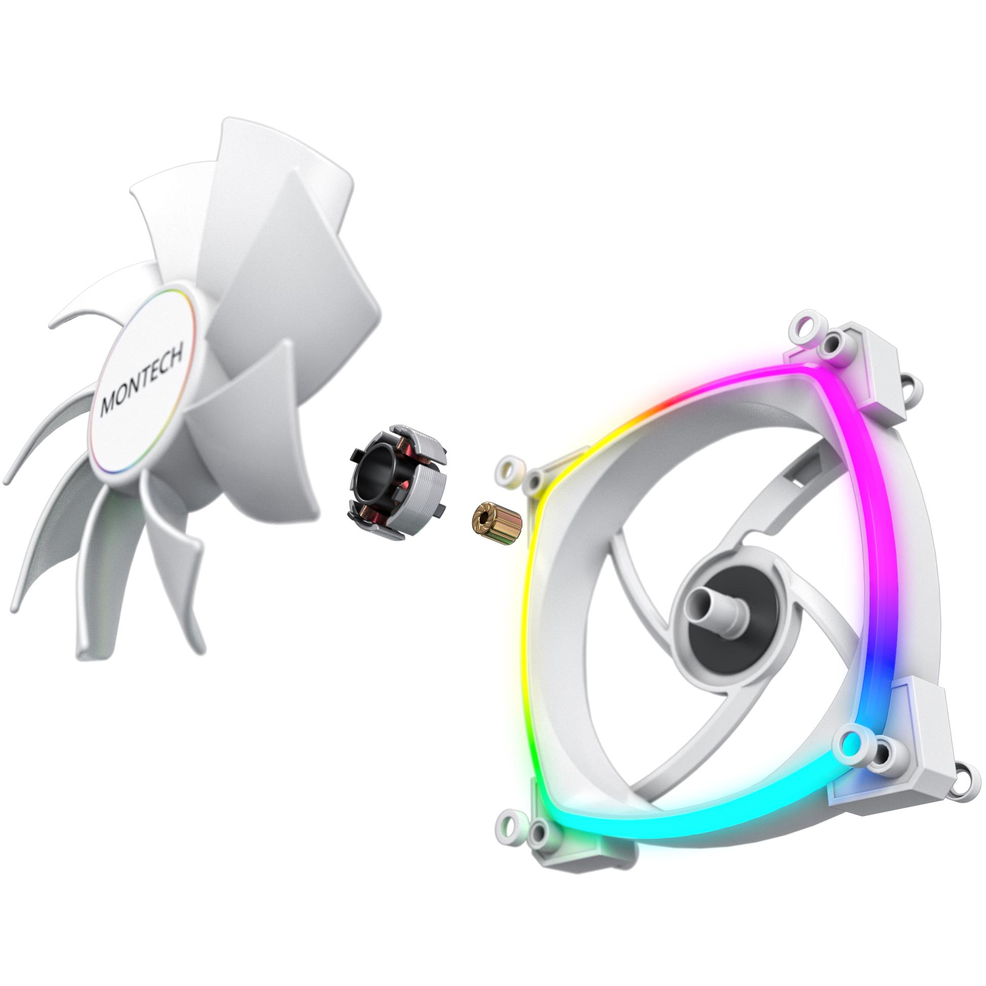 A large main feature product image of Montech AX120 ARGB 120mm PWM Fan 3-Pack (White)