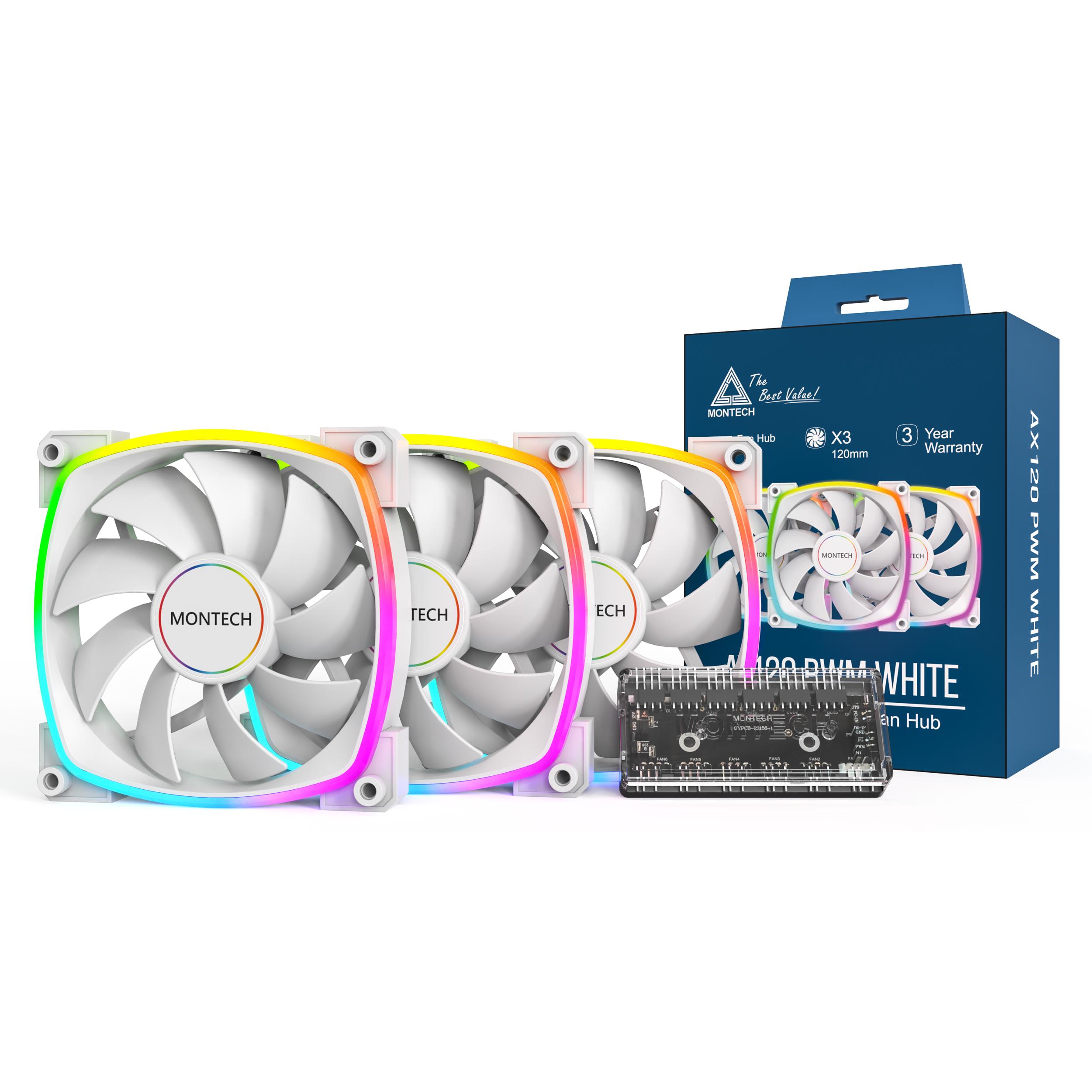 A large main feature product image of Montech AX120 ARGB 120mm PWM Fan 3-Pack (White)