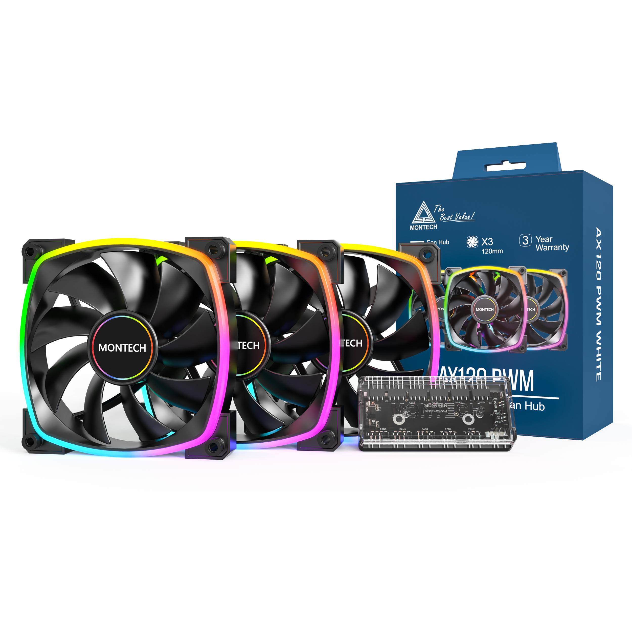 A large main feature product image of Montech AX120 ARGB 120mm PWM Fan 3-Pack (Black)