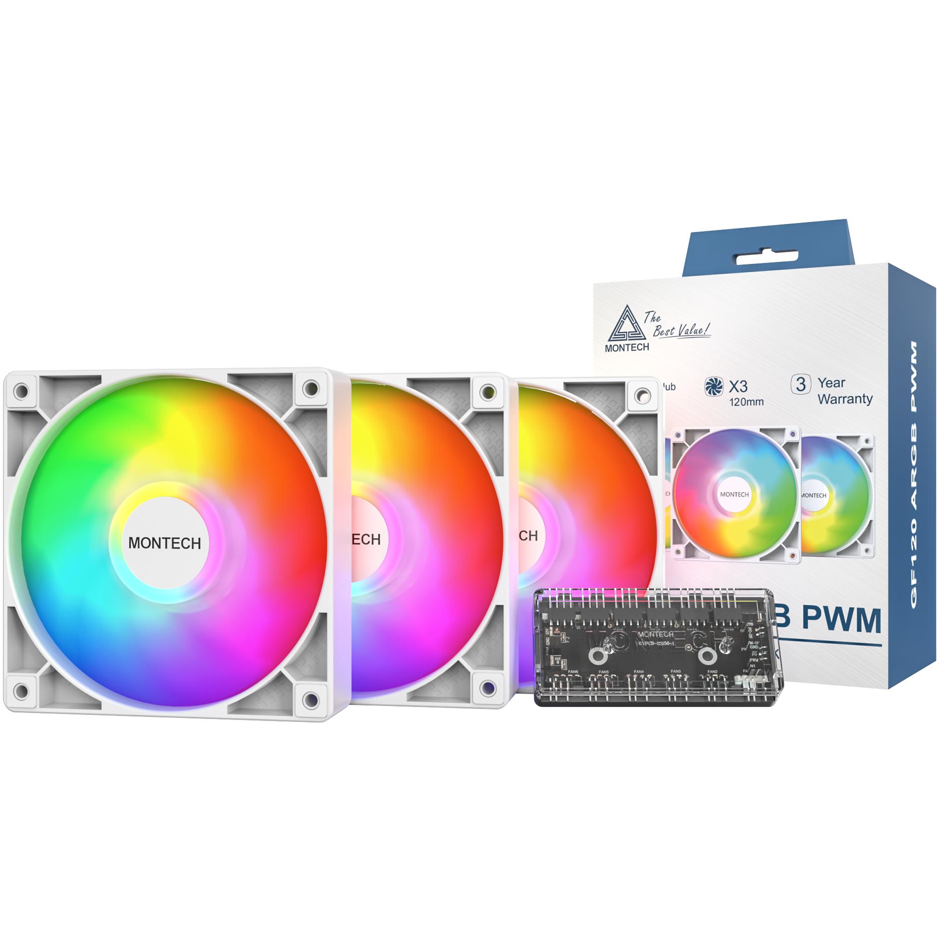 A large main feature product image of Montech GF120 ARGB 120mm PWM Fan 3-Pack (White)
