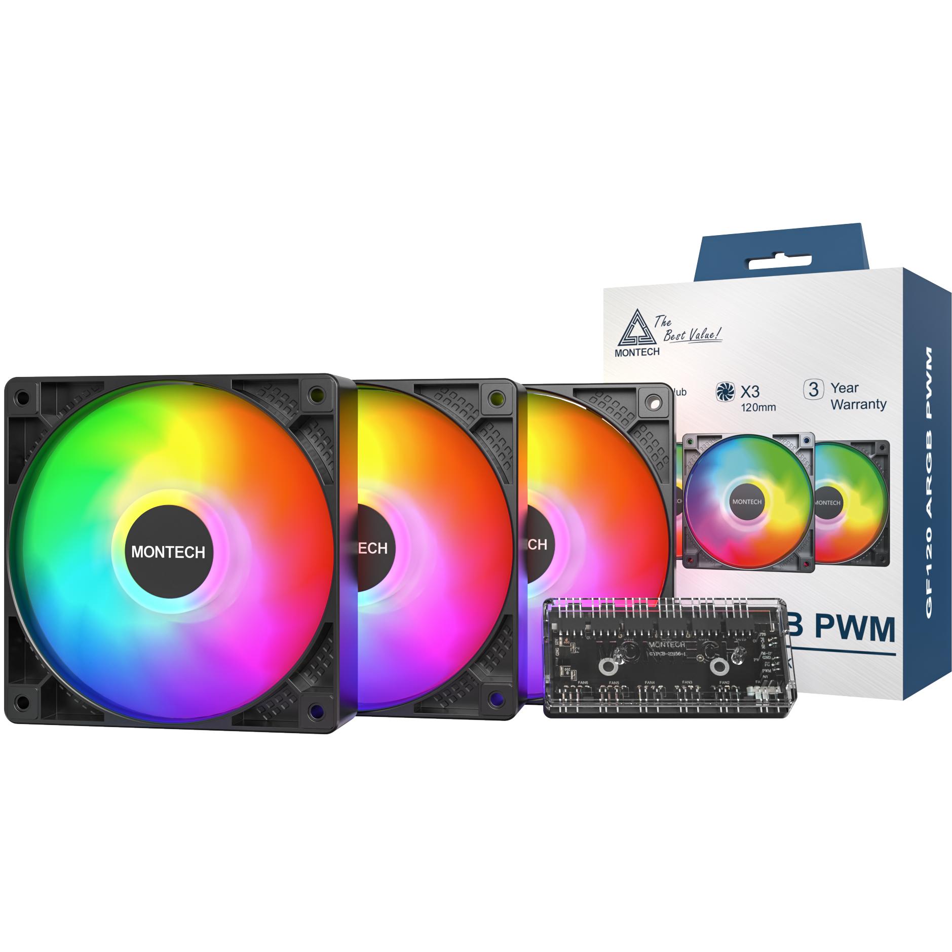 A large main feature product image of Montech GF120 ARGB 120mm PWM Fan 3-Pack (Black)