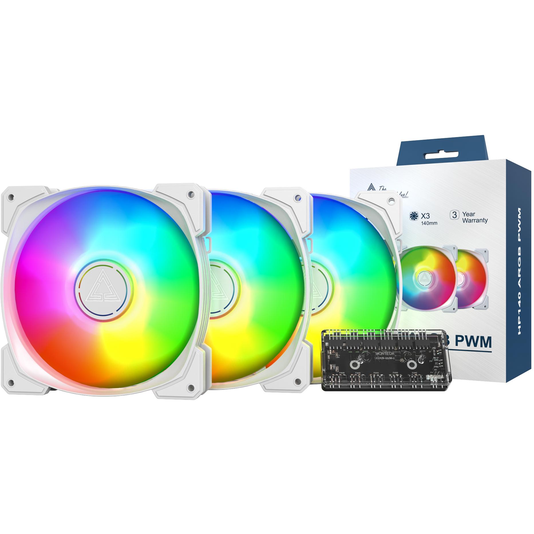 A large main feature product image of Montech HP140 ARGB 140mm PWM Fan 3-Pack (White)