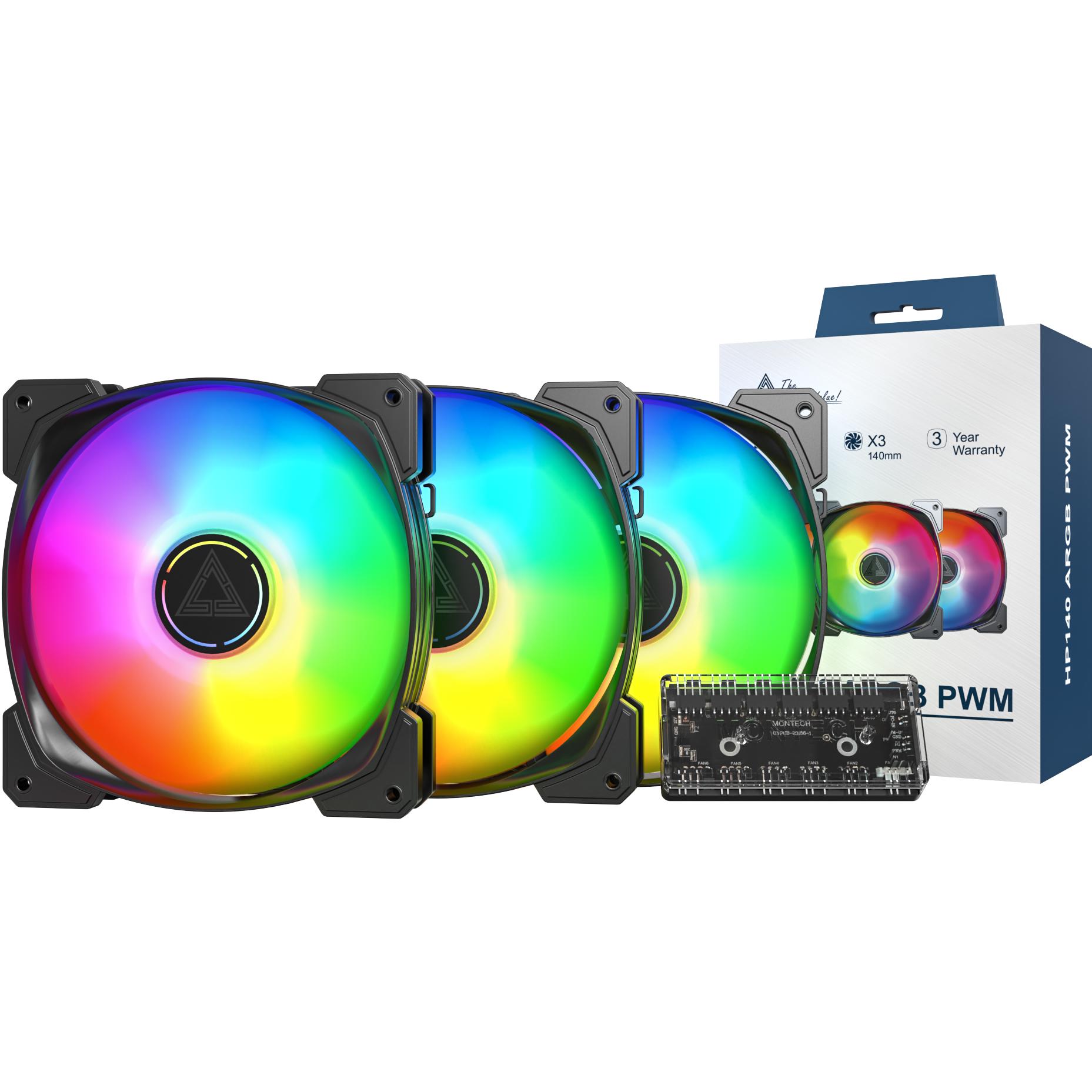 A large main feature product image of Montech HP140 ARGB 140mm PWM Fan 3-Pack (Black)