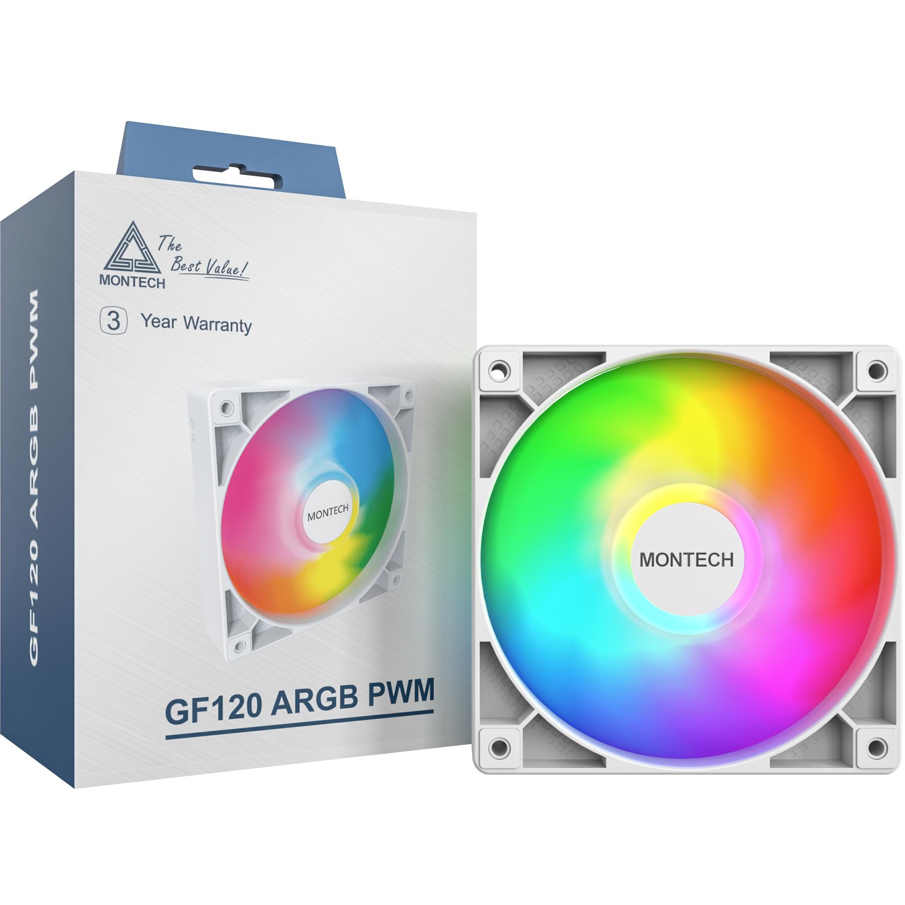 A large main feature product image of Montech GF120 ARGB 120mm PWM Fan (White)