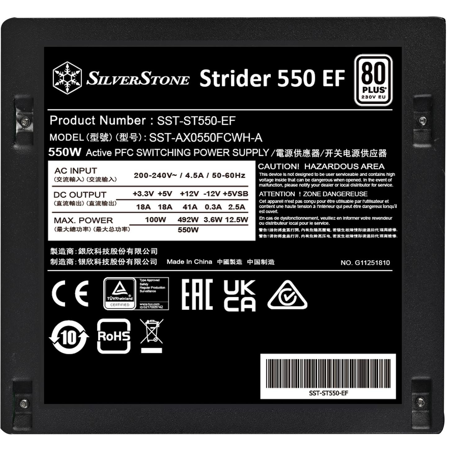 A large main feature product image of SilverStone Strider 550W 80PLUS ATX PSU