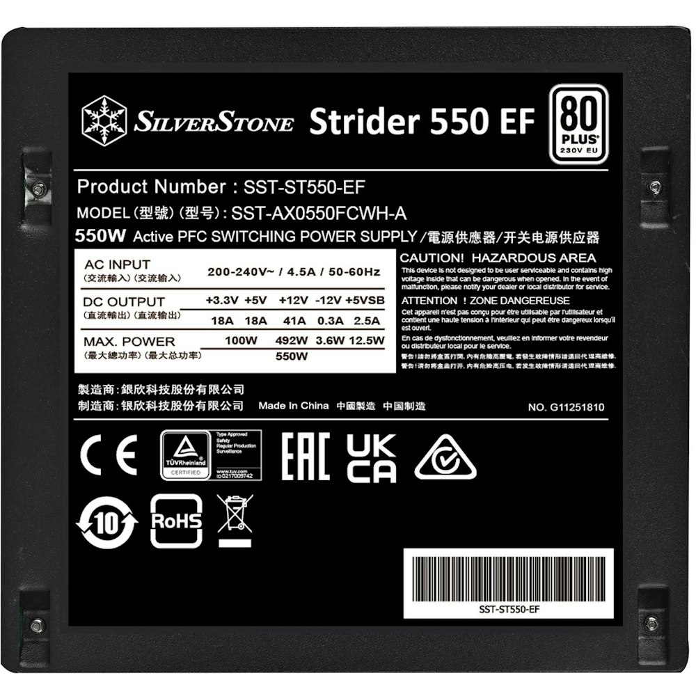 A large main feature product image of SilverStone Strider 550W 80PLUS ATX PSU