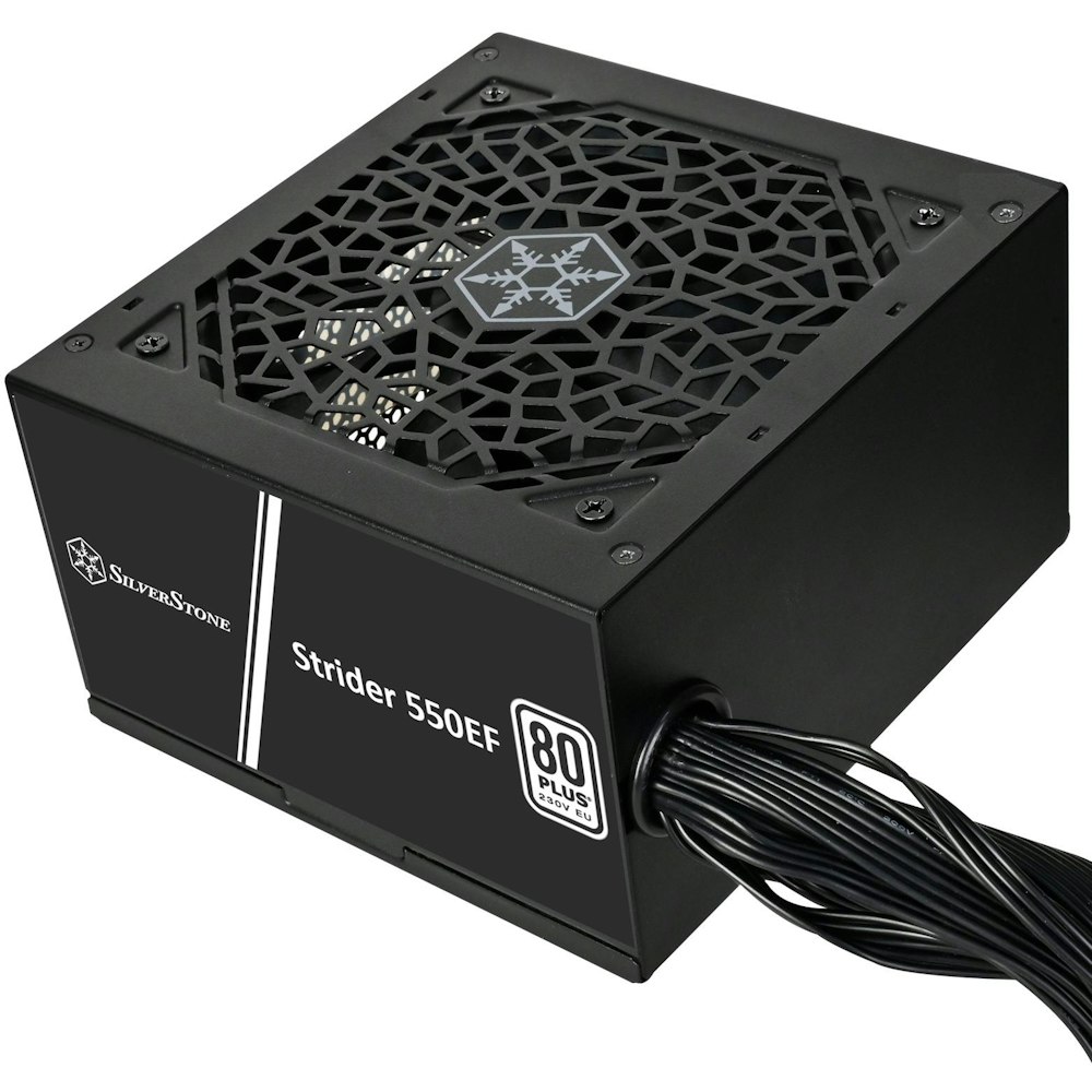 A large main feature product image of SilverStone Strider 550W 80PLUS ATX PSU