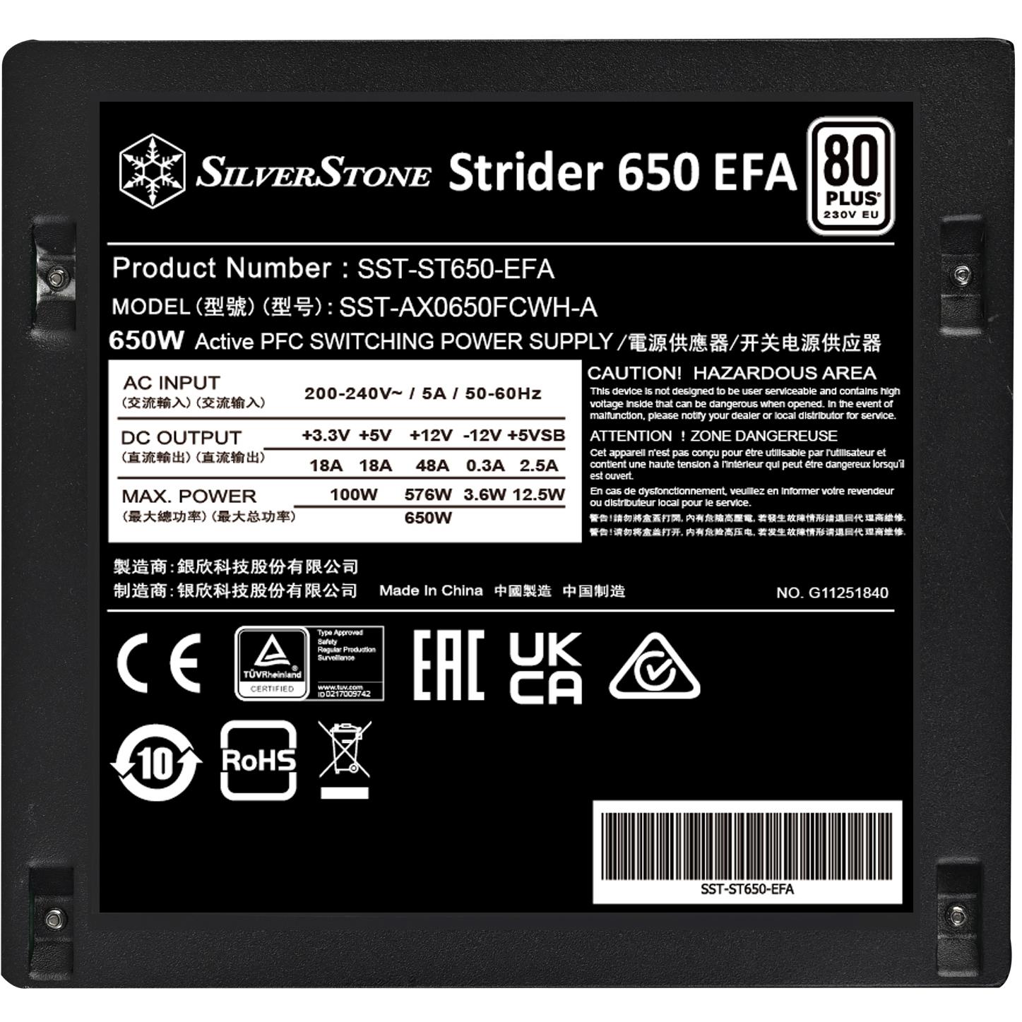 A large main feature product image of SilverStone Strider 650W 80PLUS ATX PSU