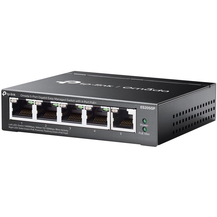 A large main feature product image of TP-Link Omada ES205GP - 5-Port Gigabit Easy Managed Switch with 4-Port PoE+